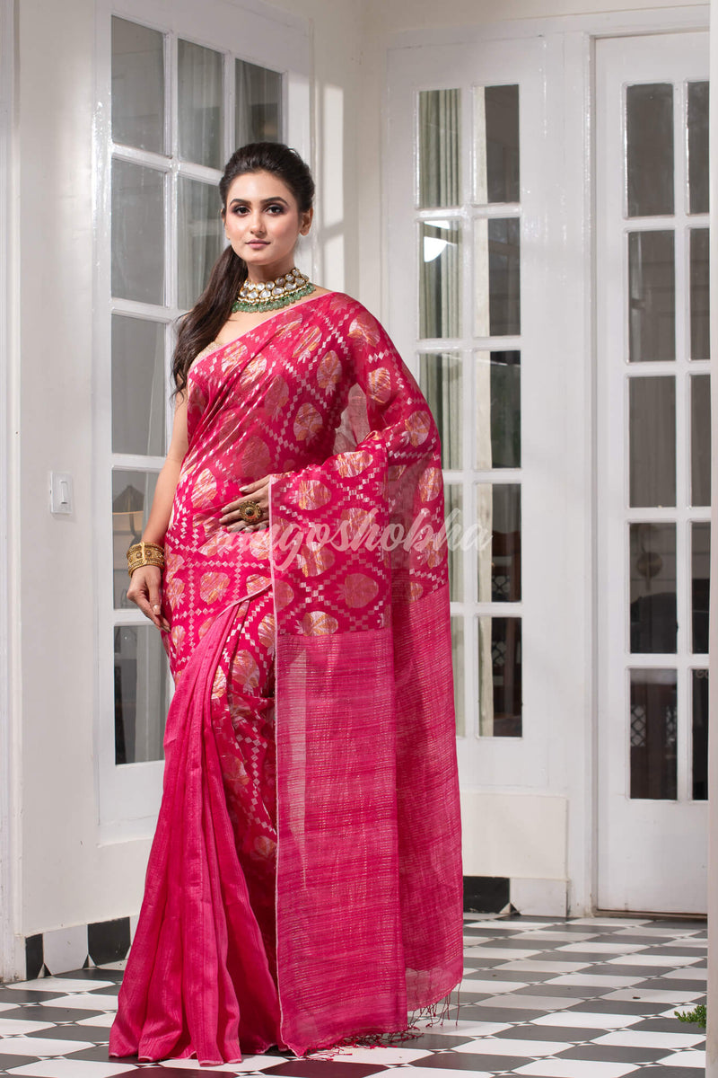 Pink Silk Matka Body with Leaves Intricate Design including Silver & Golden Stripes on Check Pallu Handwoven Saree