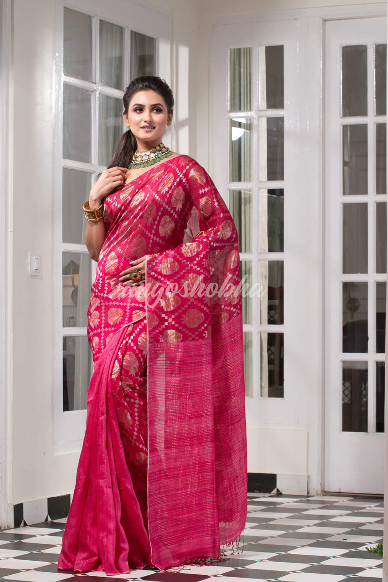 Pink Silk Matka Body with Leaves Intricate Design including Silver & Golden Stripes on Check Pallu Handwoven Saree