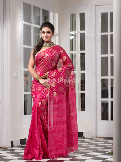 Pink Silk Matka Body with Leaves Intricate Design including Silver & Golden Stripes on Check Pallu Handwoven Saree