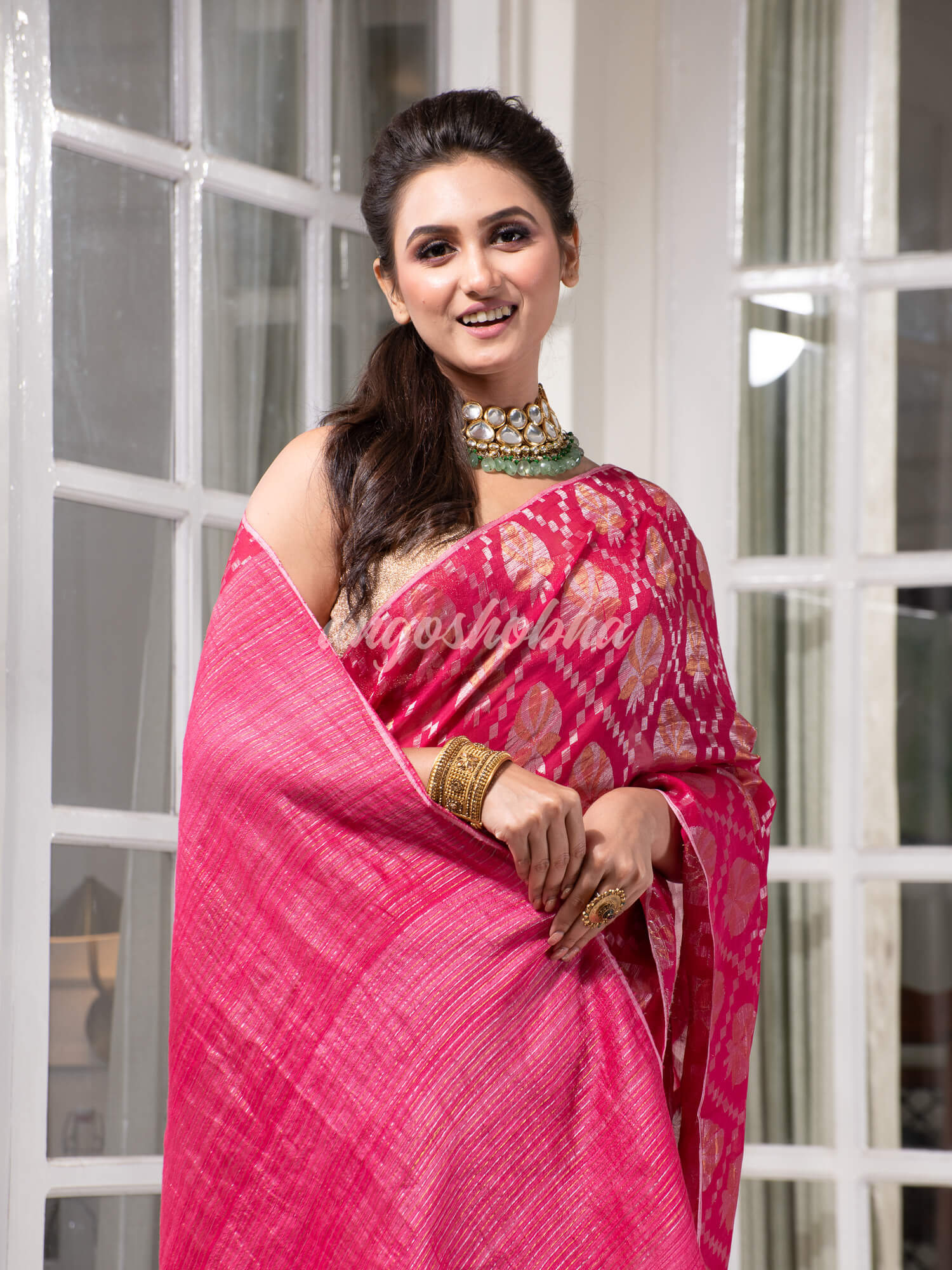 Pink Silk Matka Body with Leaves Intricate Design including Silver & Golden Stripes on Check Pallu Handwoven Saree