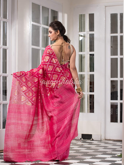 Pink Silk Matka Body with Leaves Intricate Design including Silver & Golden Stripes on Check Pallu Handwoven Saree