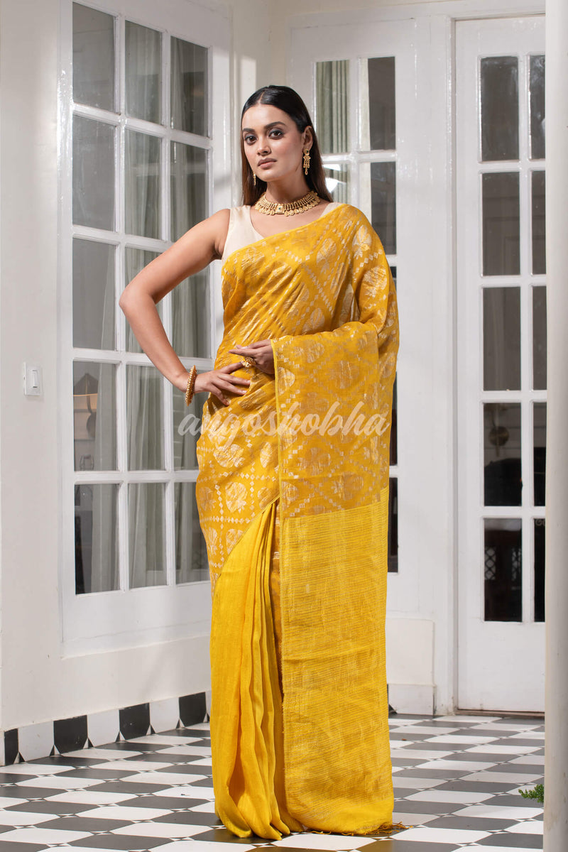 Yellow Silk Matka Body with Leaves Intricate Design including Silver & Golden Stripes on Check Pallu Handwoven Saree