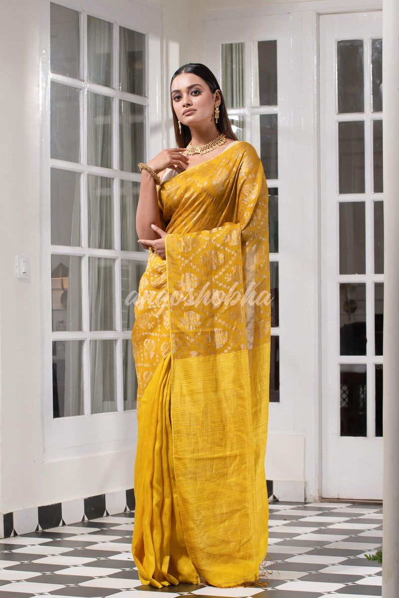 Yellow Silk Matka Body with Leaves Intricate Design including Silver & Golden Stripes on Check Pallu Handwoven Saree