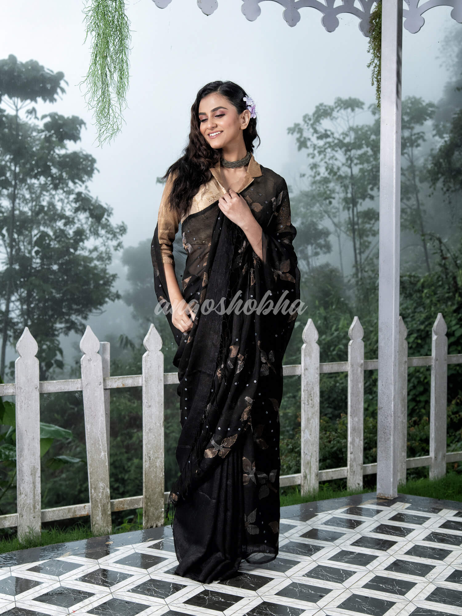 Traditional Black Matka Silk Sequin Soft Jamdani Saree