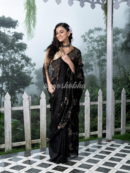 Traditional Black Matka Silk Sequin Soft Jamdani Saree