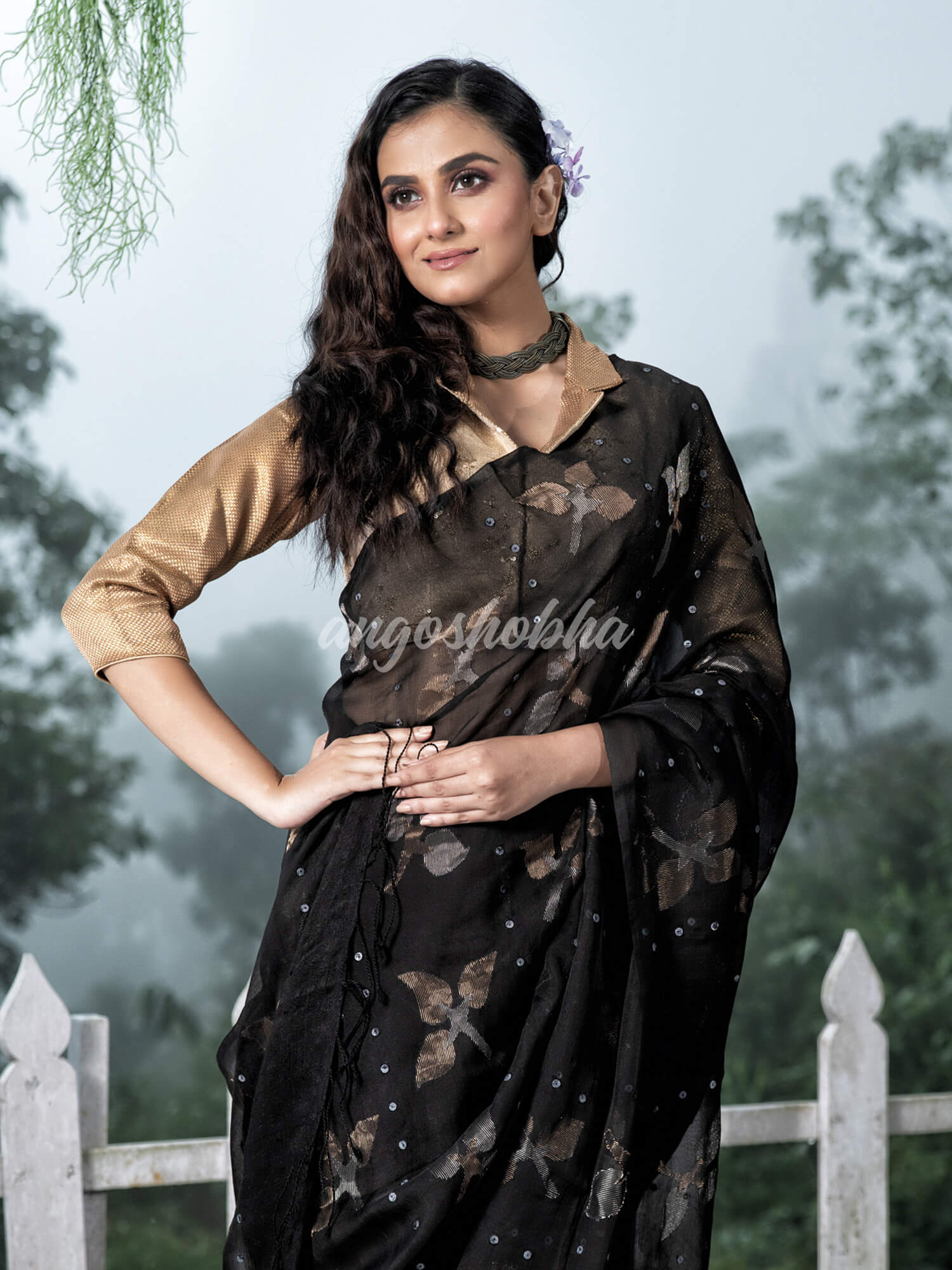 Traditional Black Matka Silk Sequin Soft Jamdani Saree