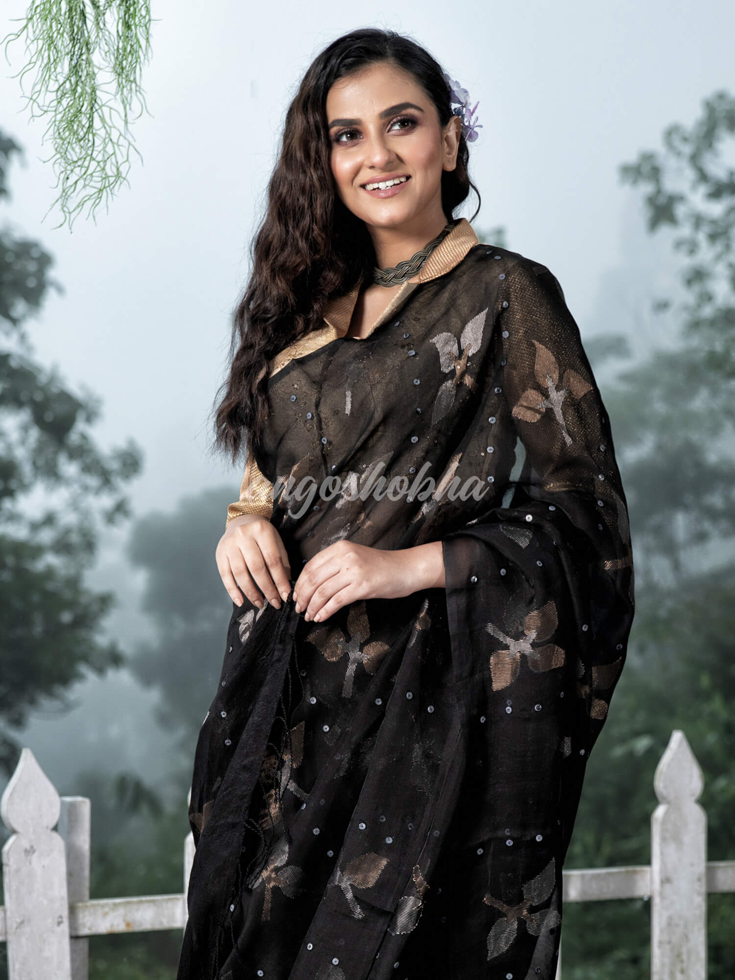 Traditional Black Matka Silk Sequin Soft Jamdani Saree
