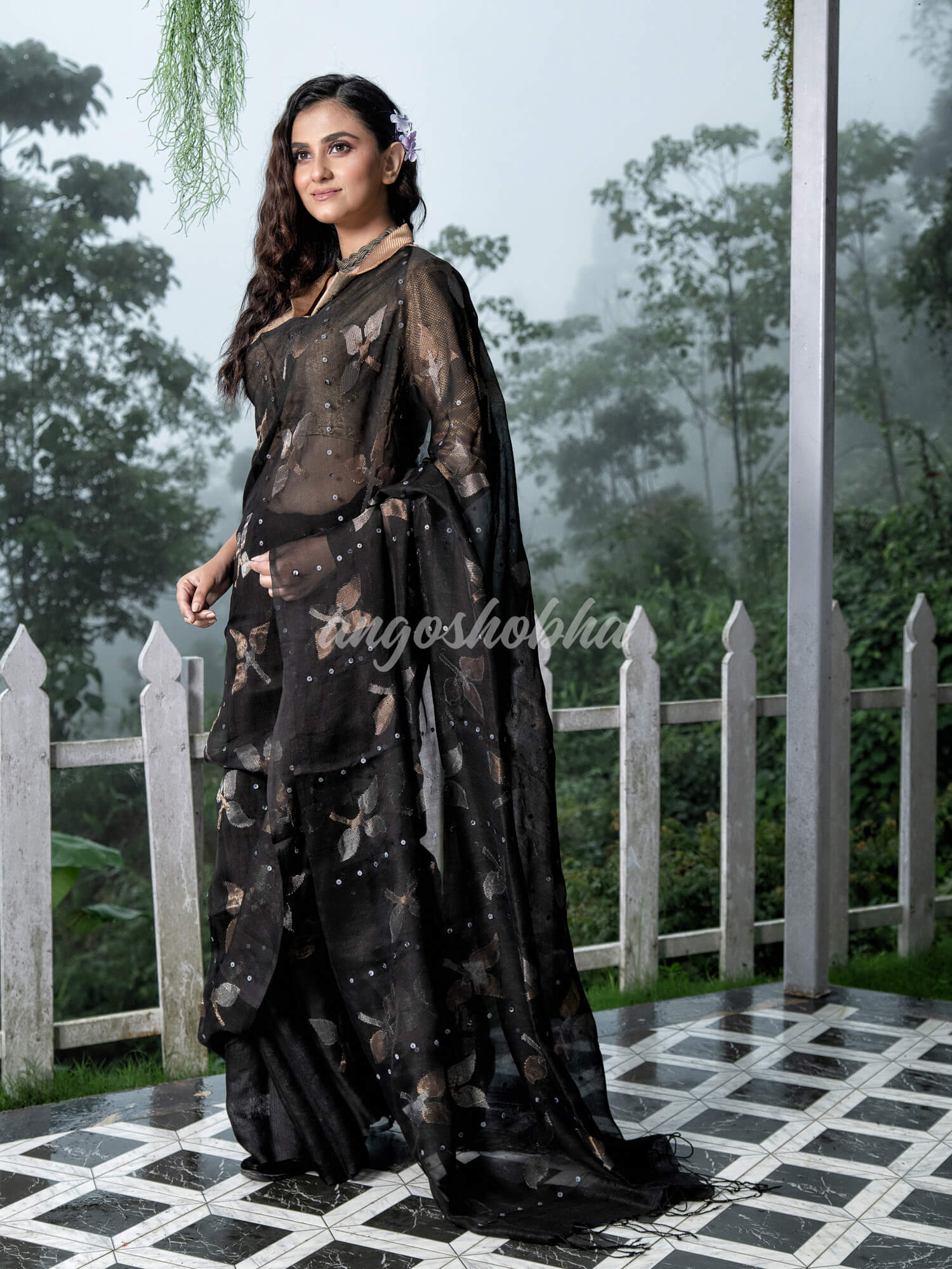 Traditional Black Matka Silk Sequin Soft Jamdani Saree