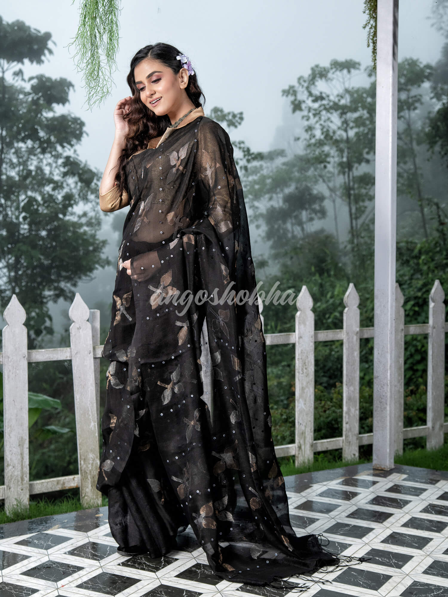 Traditional Black Matka Silk Sequin Soft Jamdani Saree