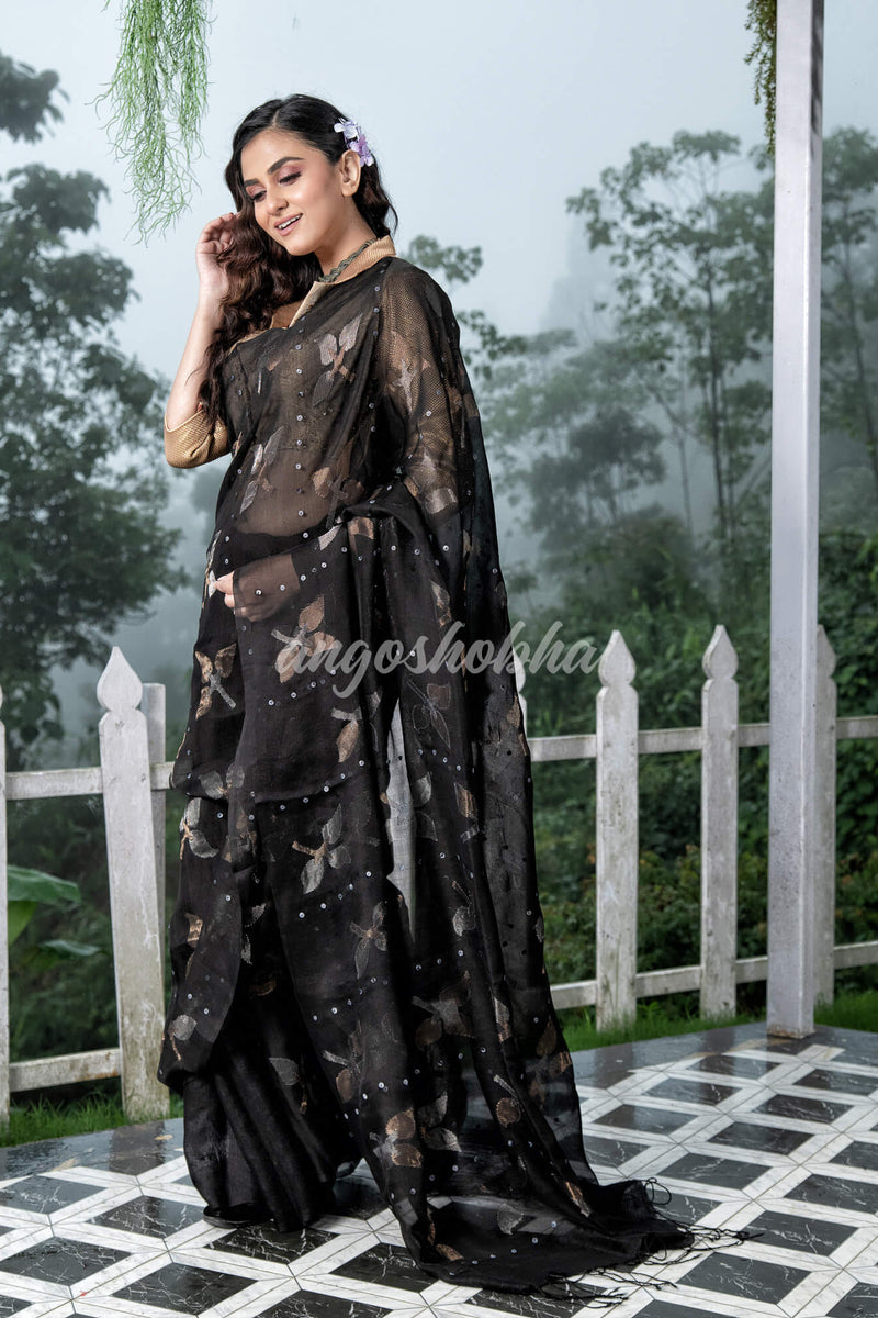 Traditional Black Matka Silk Sequin Soft Jamdani Saree