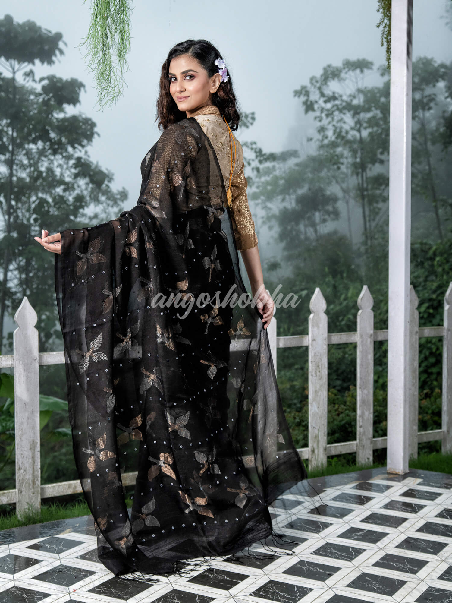 Traditional Black Matka Silk Sequin Soft Jamdani Saree