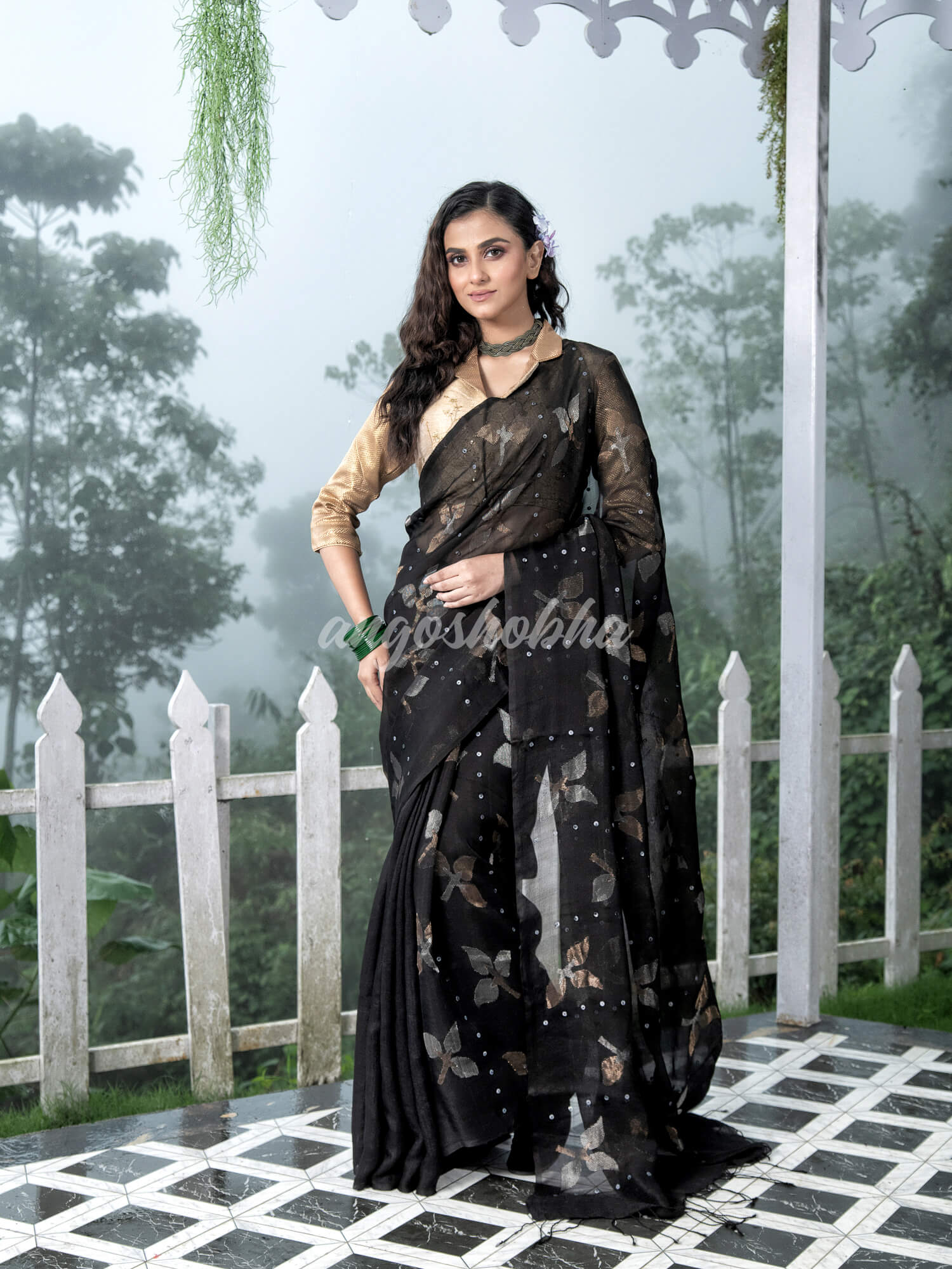 Traditional Black Matka Silk Sequin Soft Jamdani Saree