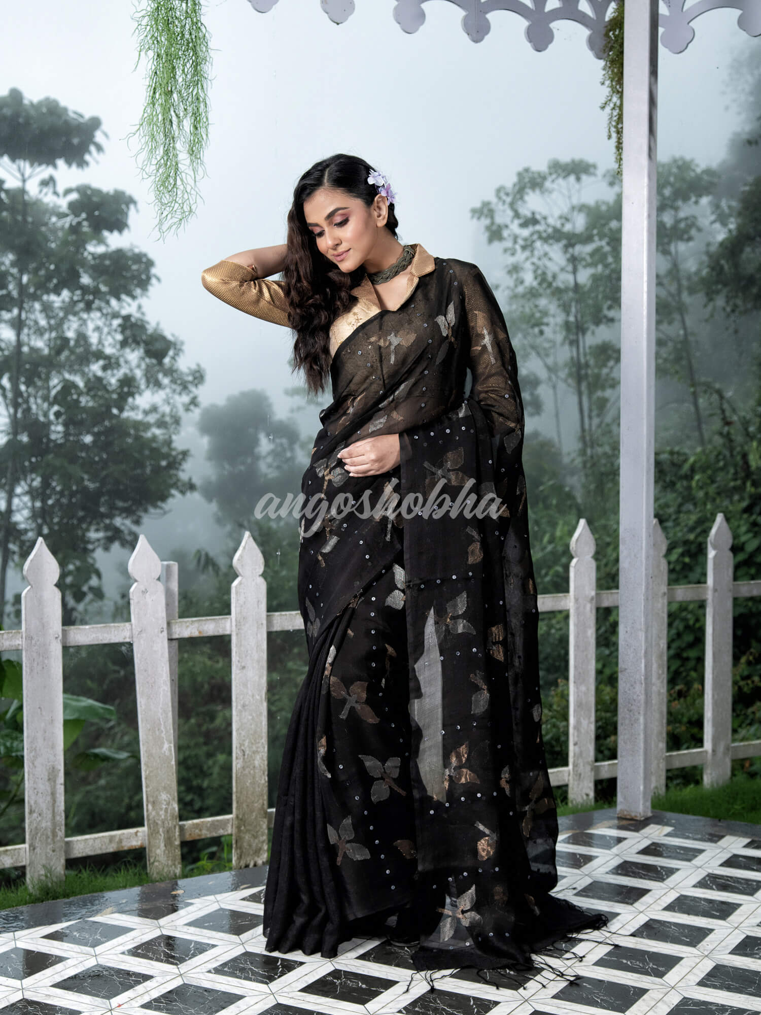 Traditional Black Matka Silk Sequin Soft Jamdani Saree