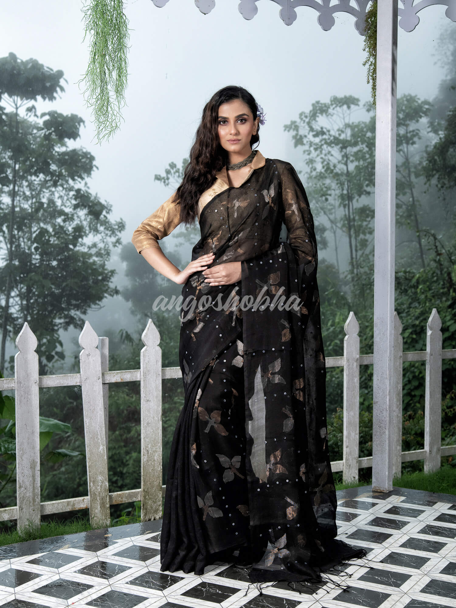 Traditional Black Matka Silk Sequin Soft Jamdani Saree