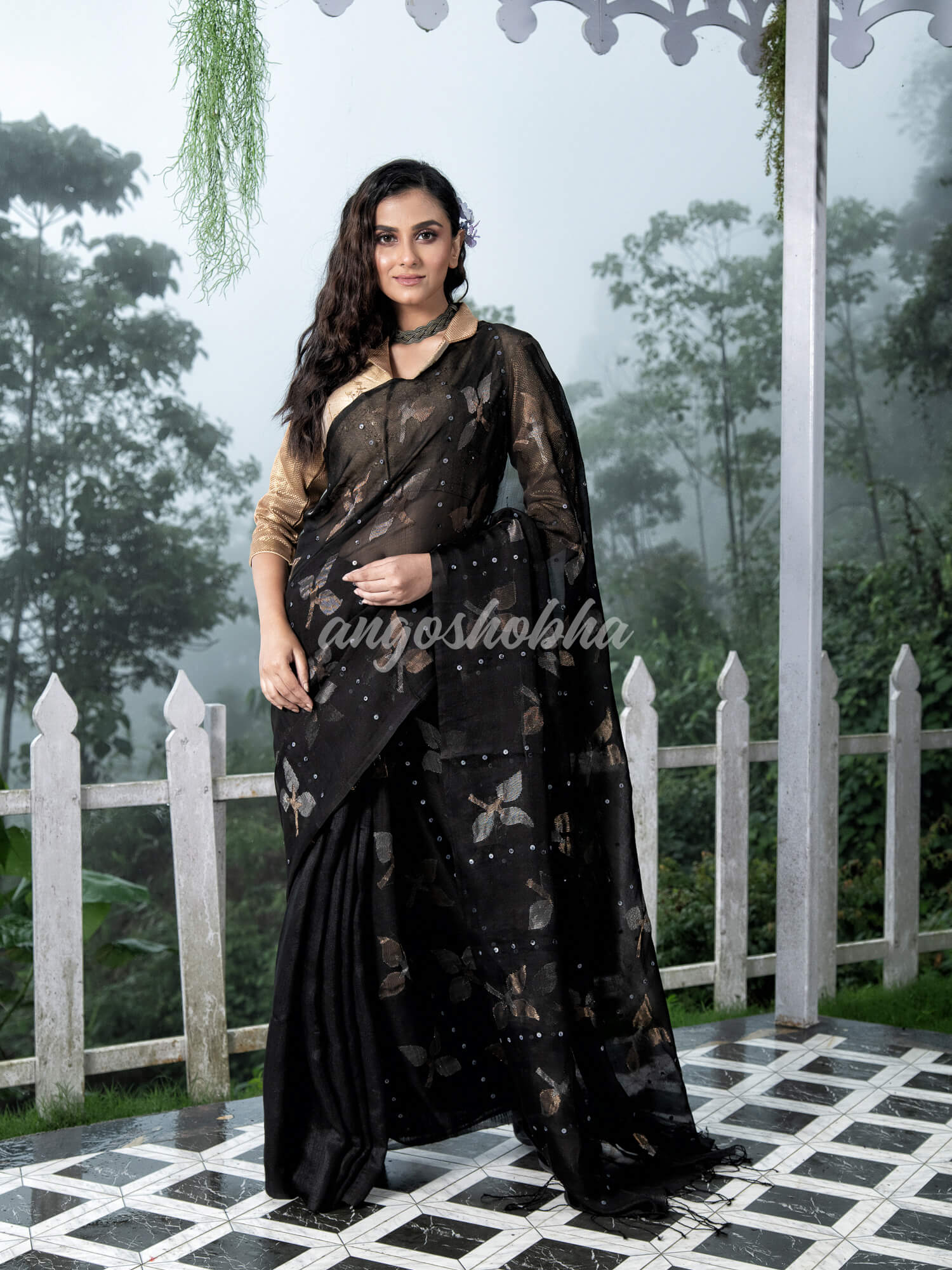 Traditional Black Matka Silk Sequin Soft Jamdani Saree