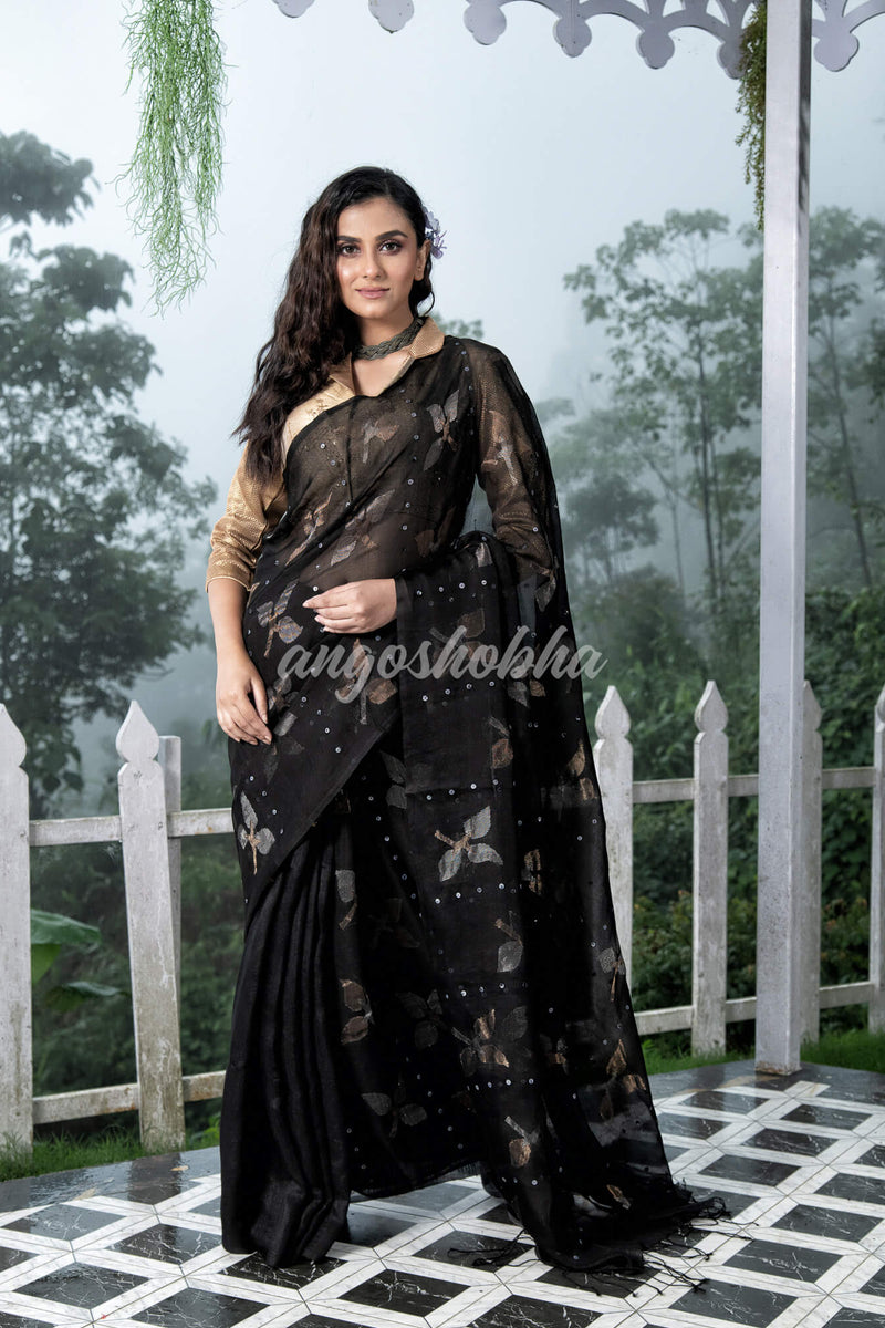 Traditional Black Matka Silk Sequin Soft Jamdani Saree