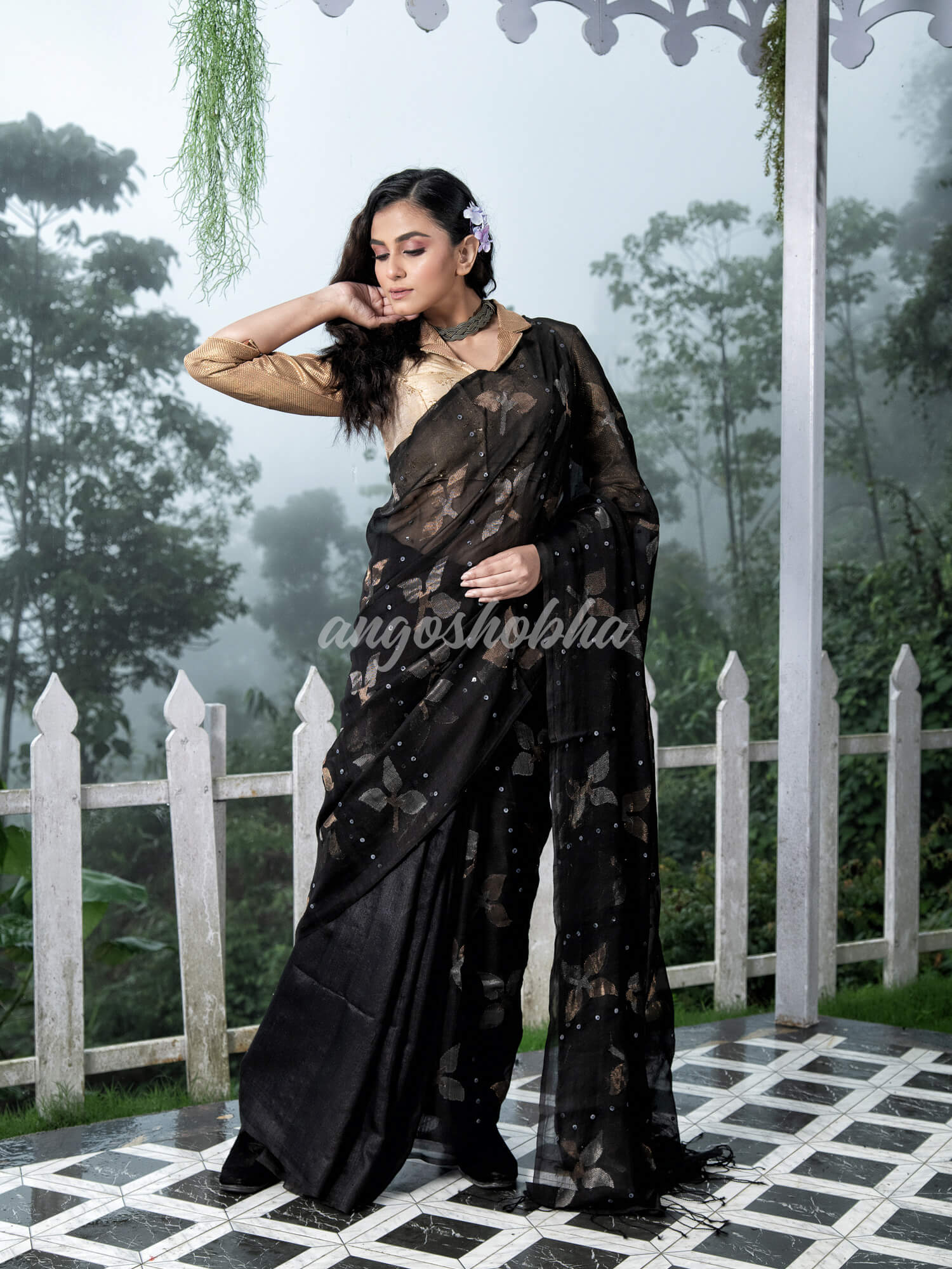 Traditional Black Matka Silk Sequin Soft Jamdani Saree