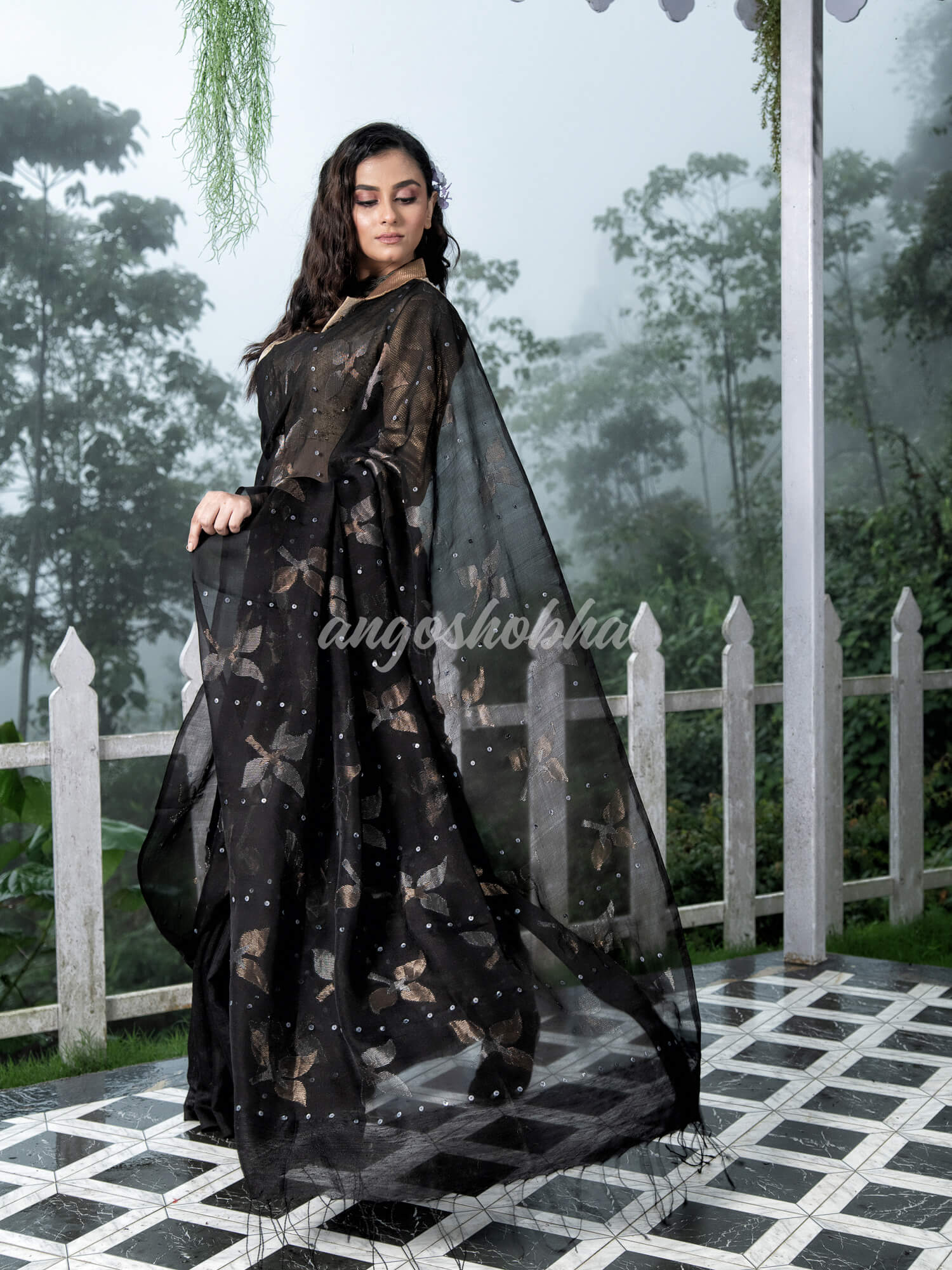 Traditional Black Matka Silk Sequin Soft Jamdani Saree