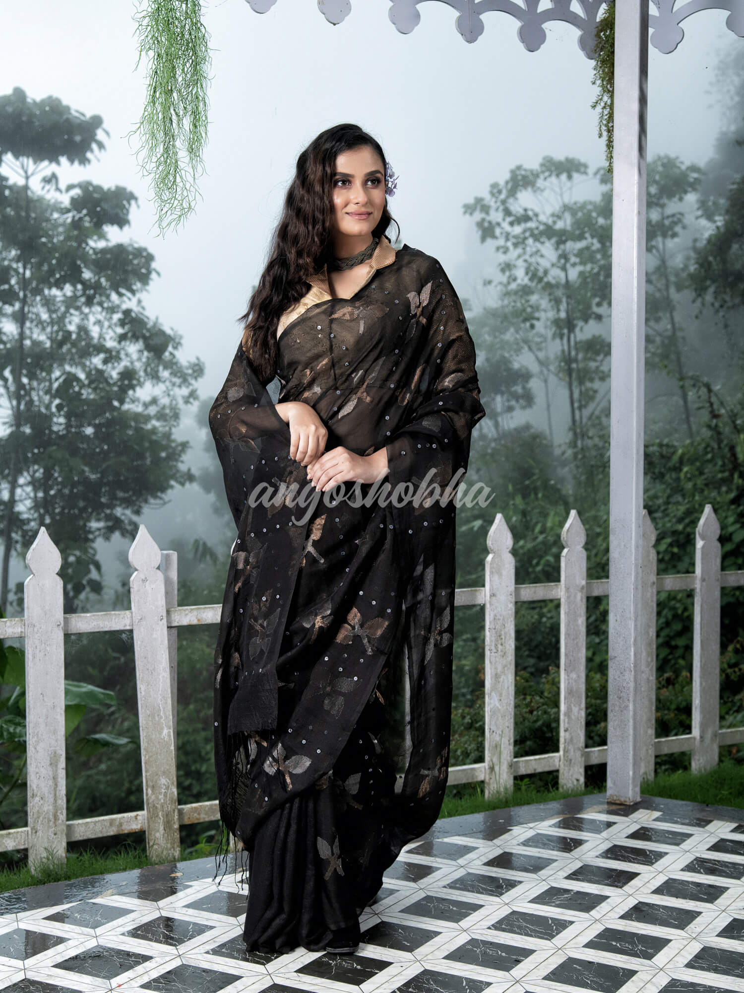 Traditional Black Matka Silk Sequin Soft Jamdani Saree
