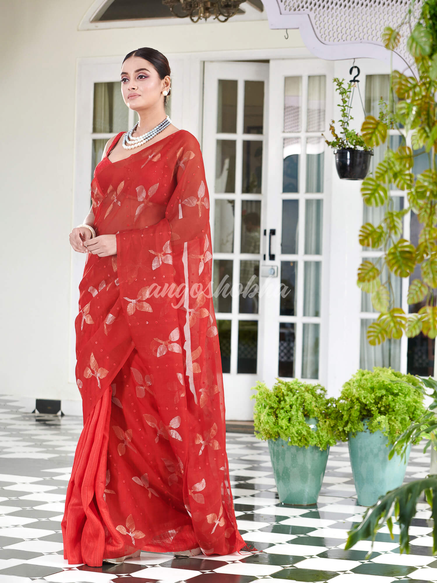 Traditional Red Matka Silk Sequin Soft Jamdani Saree