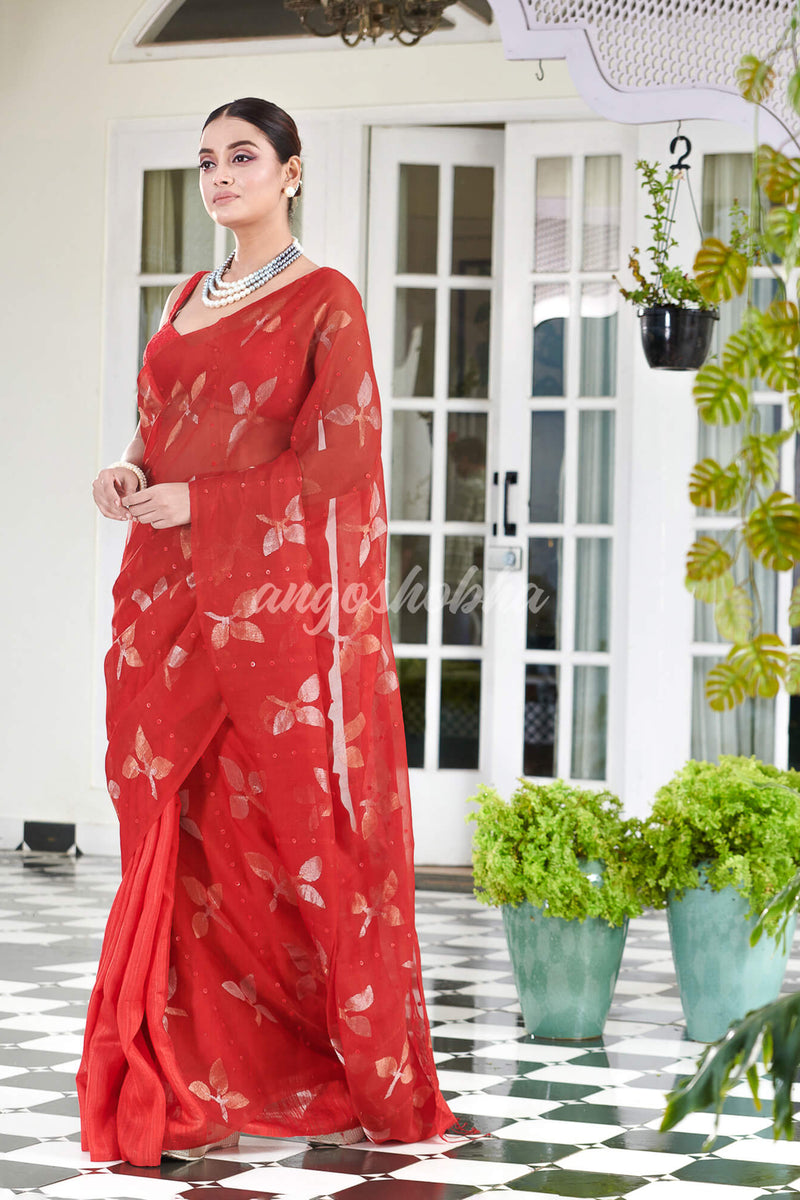Traditional Red Matka Silk Sequin Soft Jamdani Saree