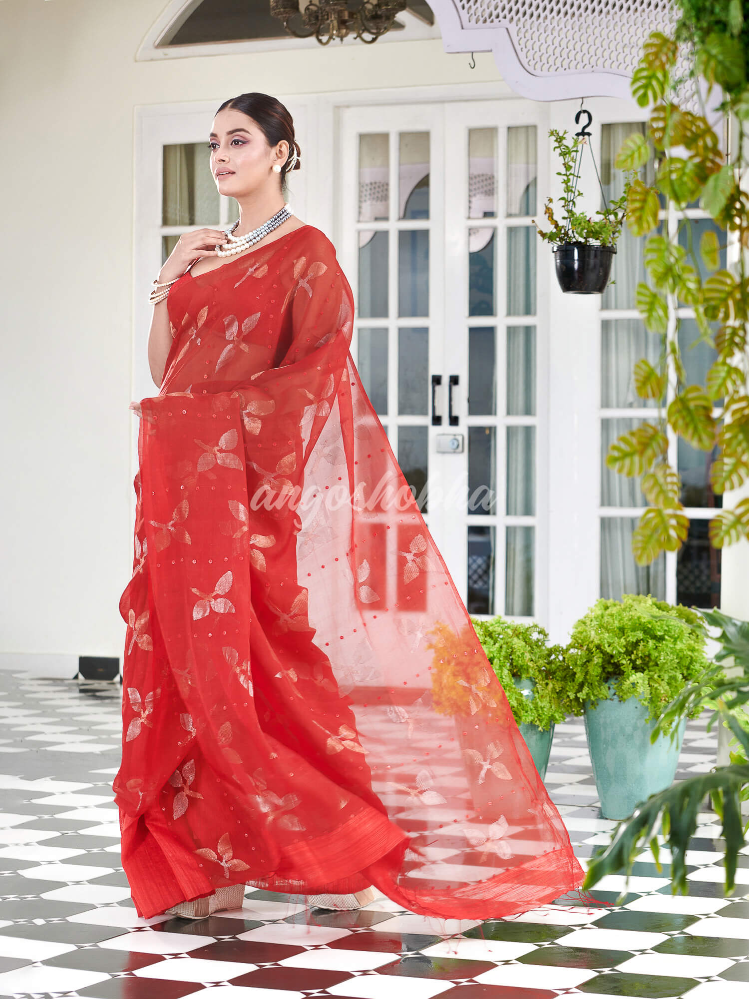 Traditional Red Matka Silk Sequin Soft Jamdani Saree