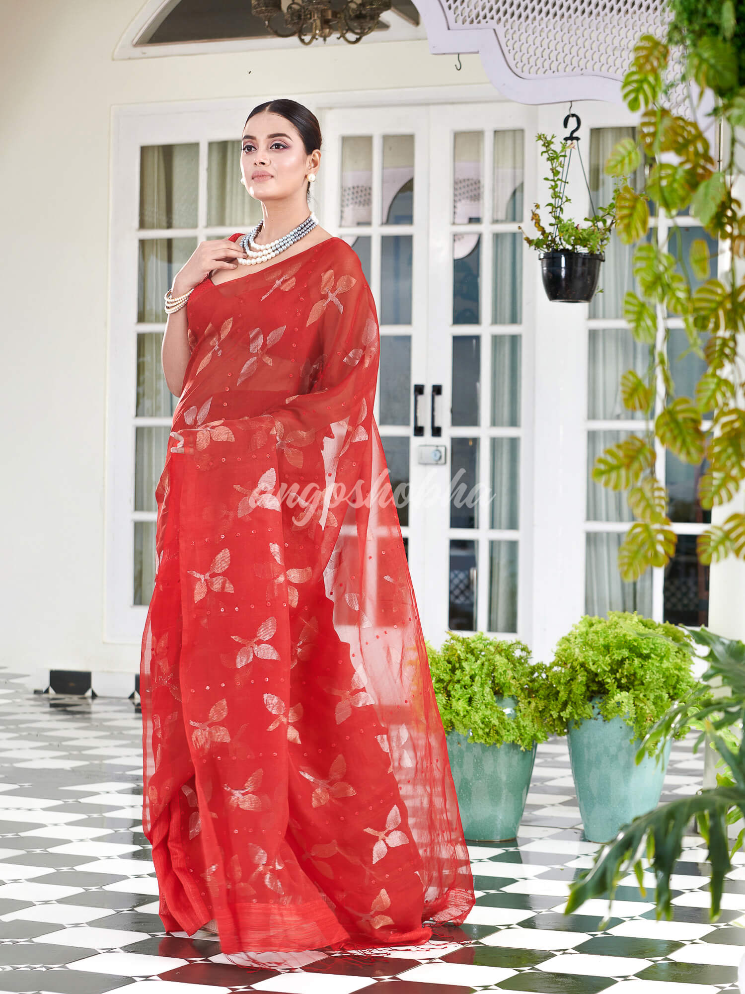 Traditional Red Matka Silk Sequin Soft Jamdani Saree