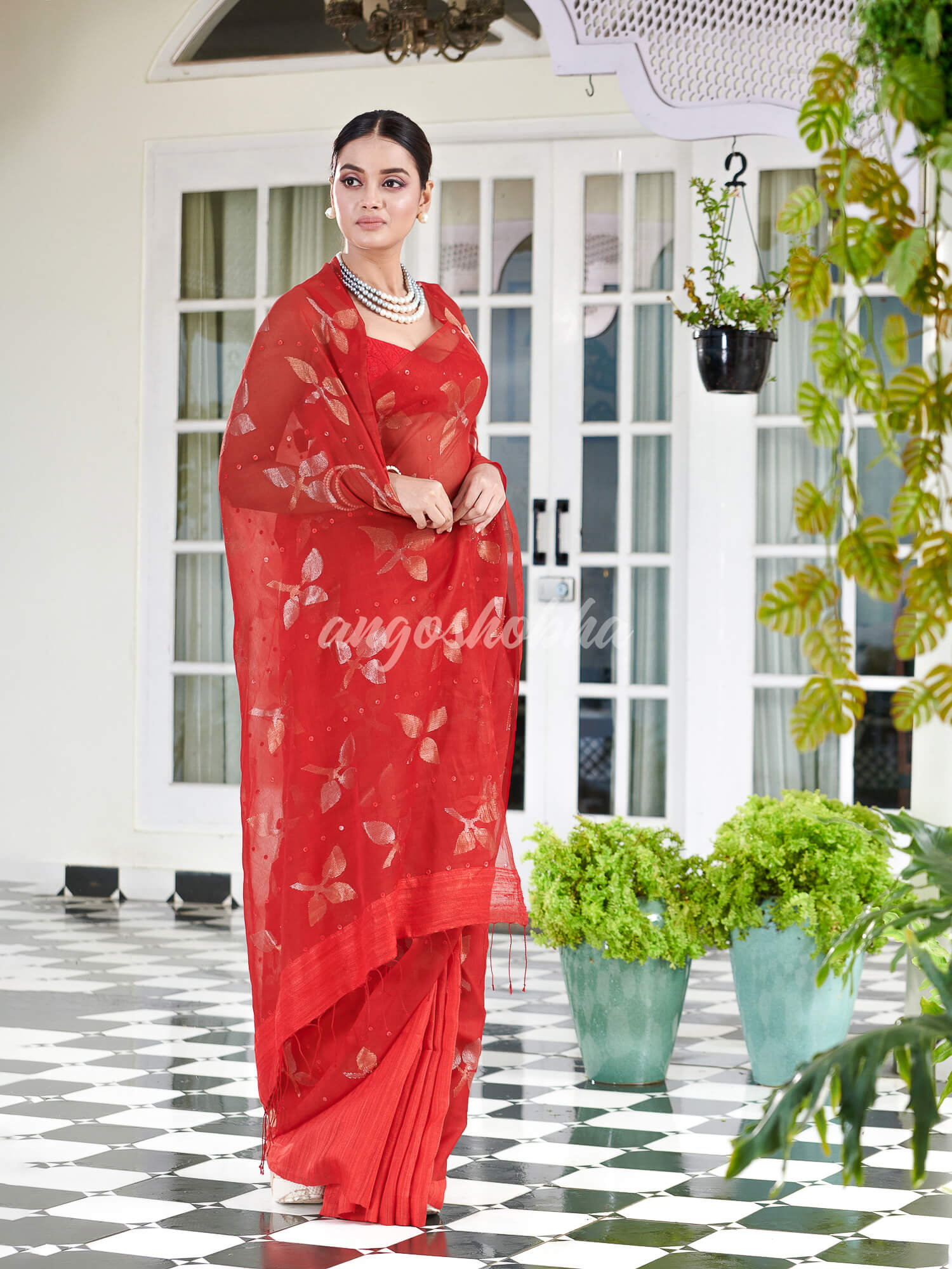 Traditional Red Matka Silk Sequin Soft Jamdani Saree