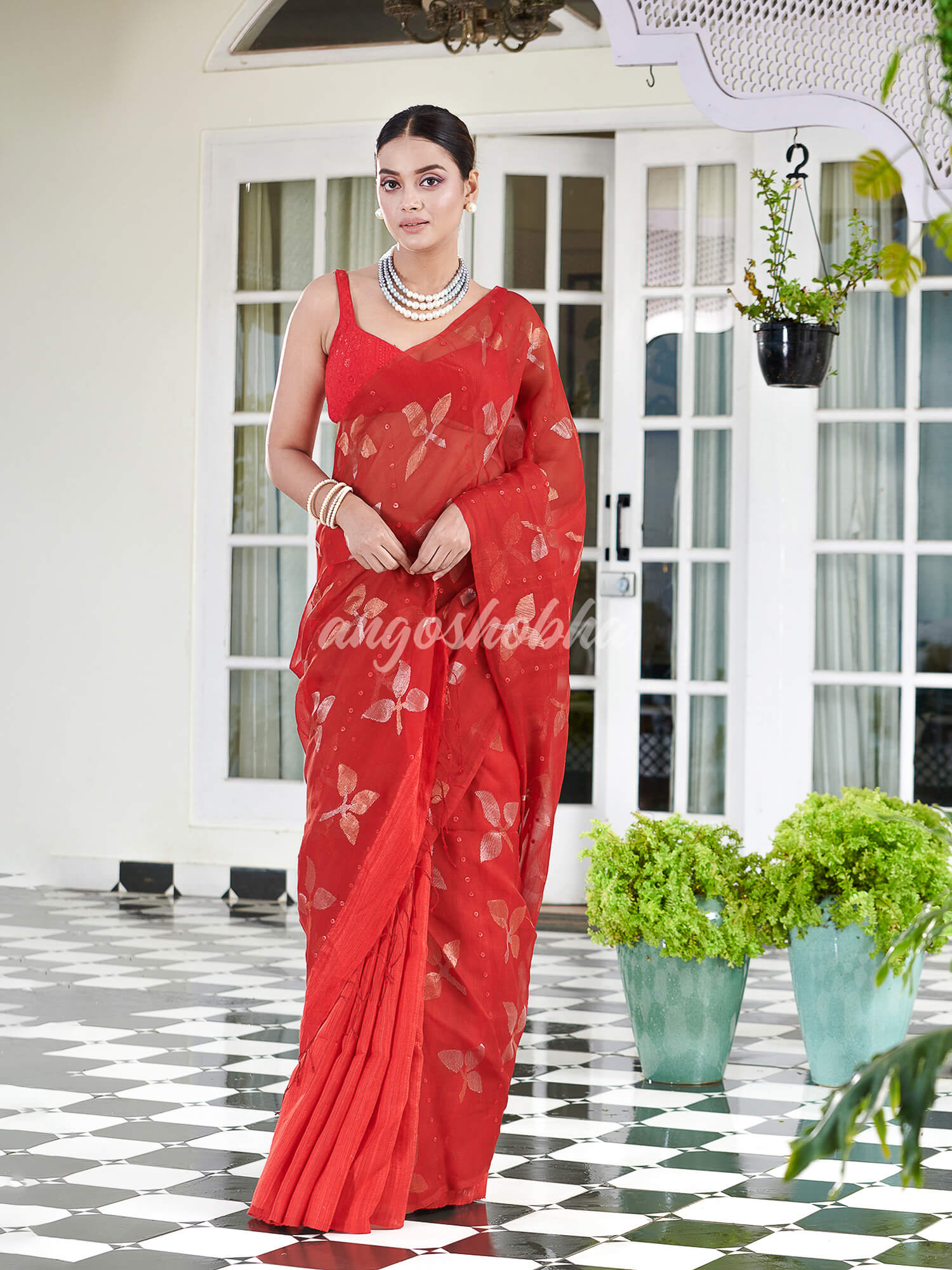 Traditional Red Matka Silk Sequin Soft Jamdani Saree