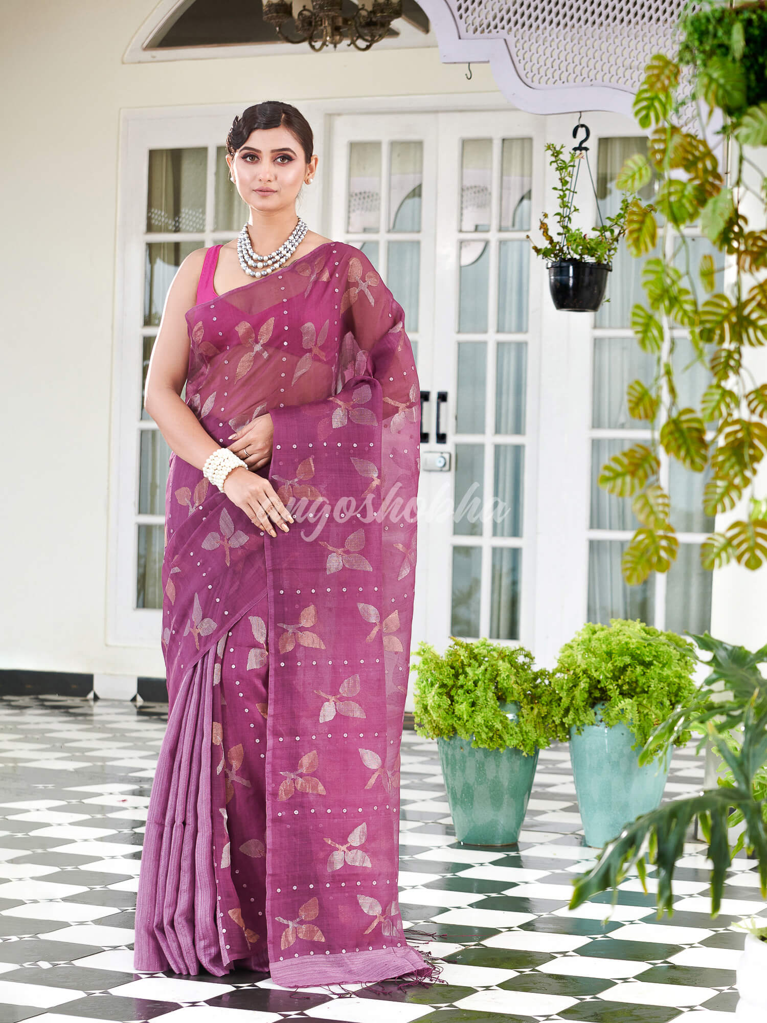Traditional Lavender Matka Silk Sequin Soft Jamdani Saree