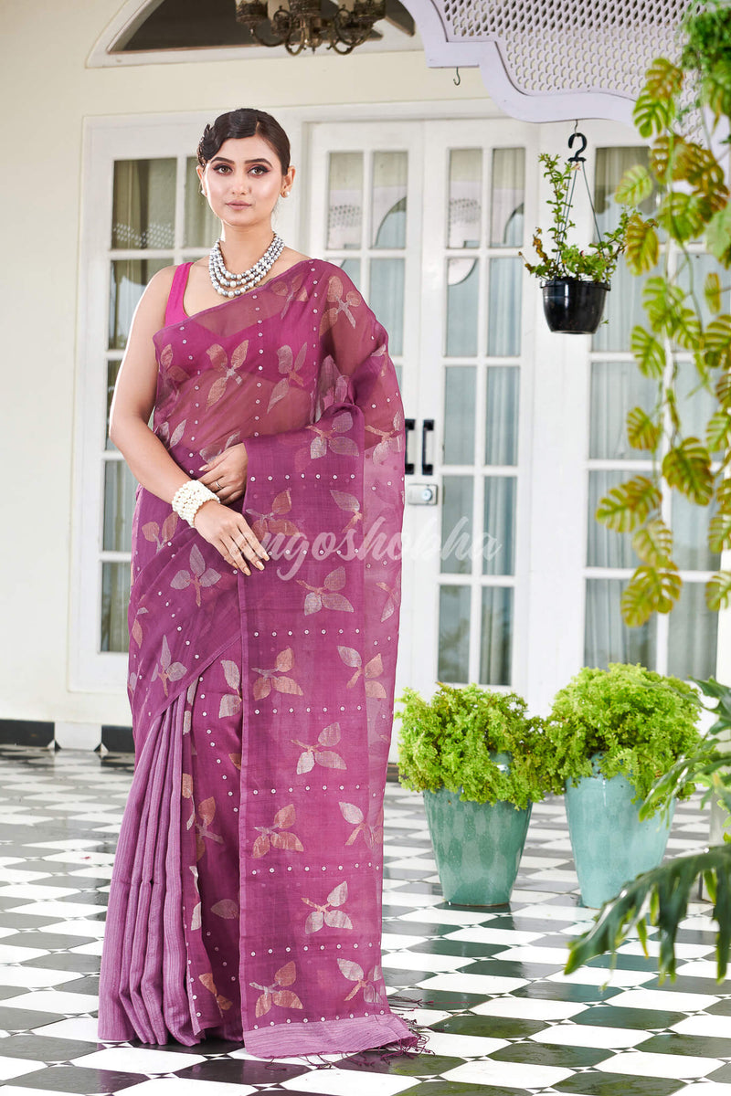 Traditional Lavender Matka Silk Sequin Soft Jamdani Saree