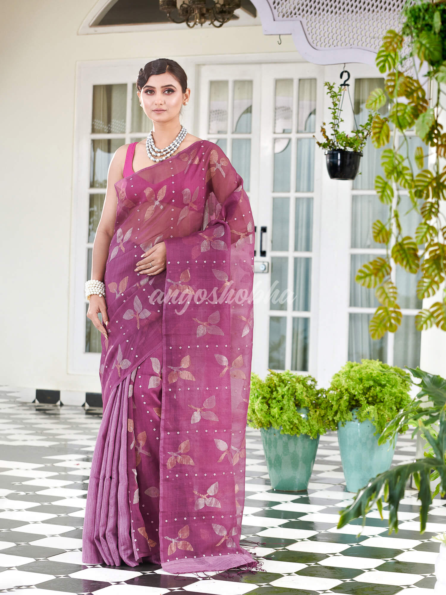 Traditional Lavender Matka Silk Sequin Soft Jamdani Saree