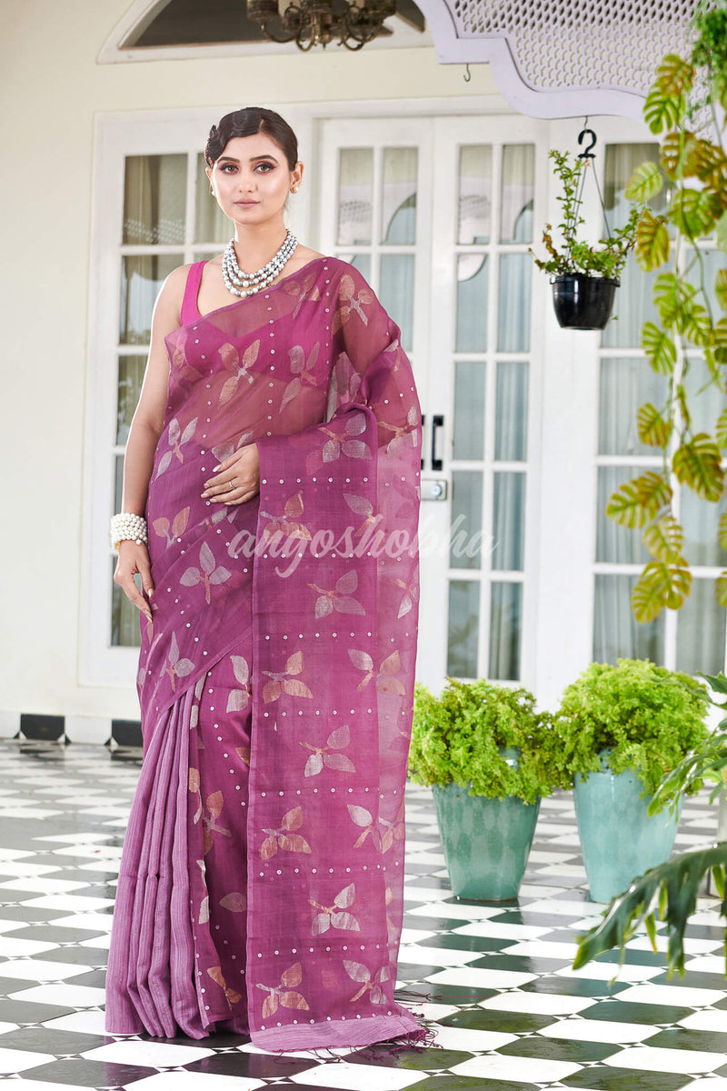 Traditional Lavender Matka Silk Sequin Soft Jamdani Saree
