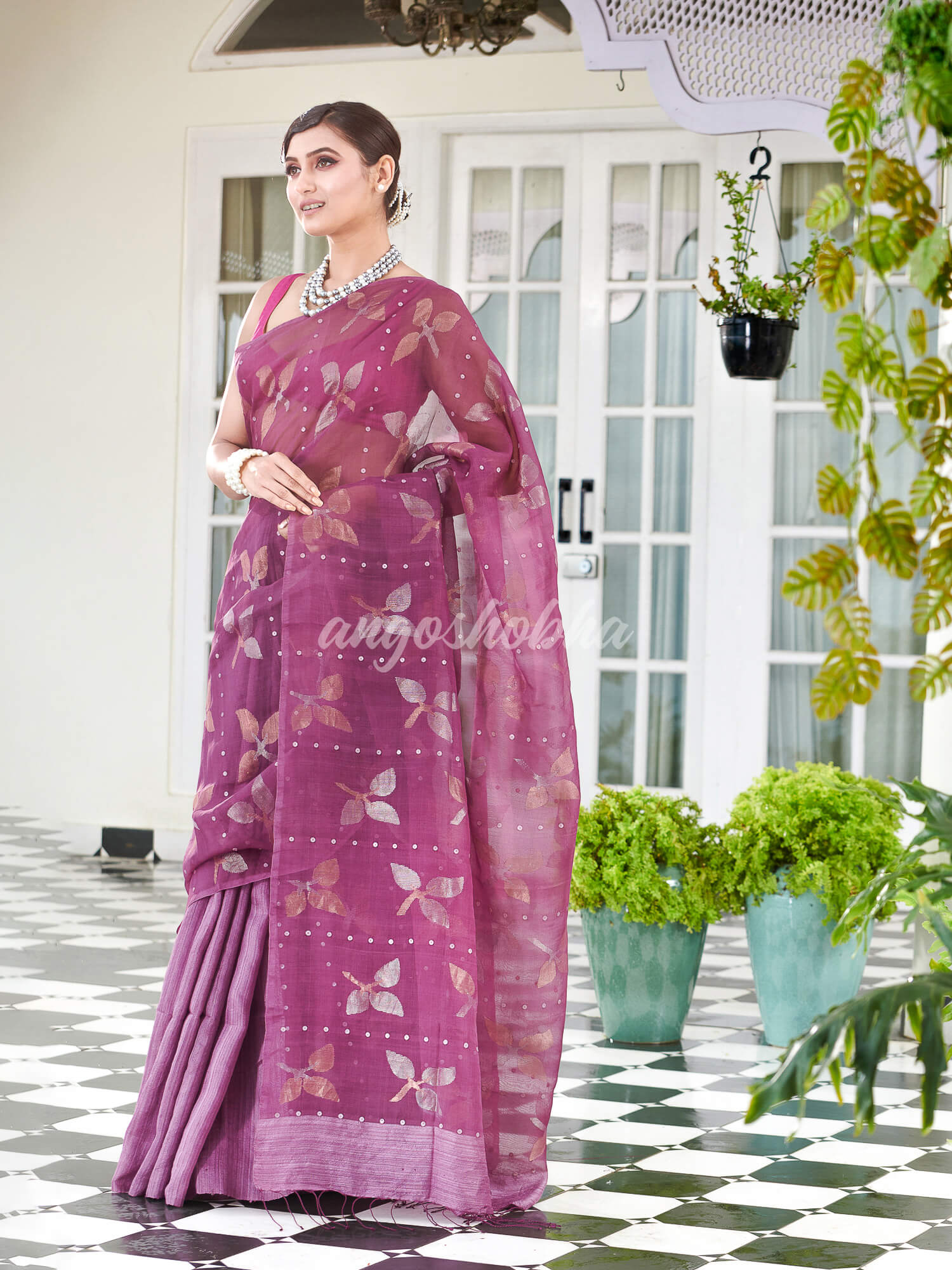 Traditional Lavender Matka Silk Sequin Soft Jamdani Saree