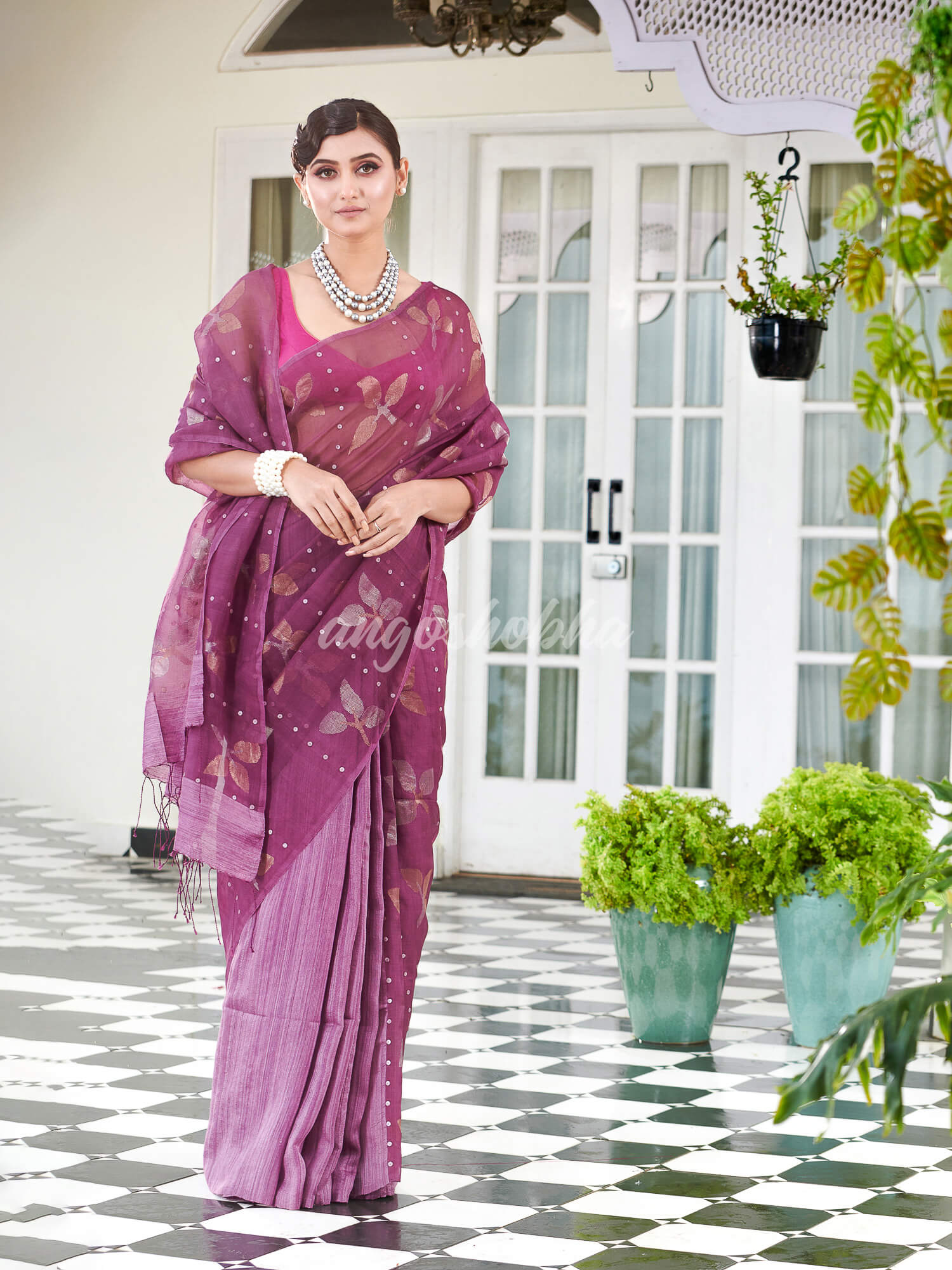 Traditional Lavender Matka Silk Sequin Soft Jamdani Saree