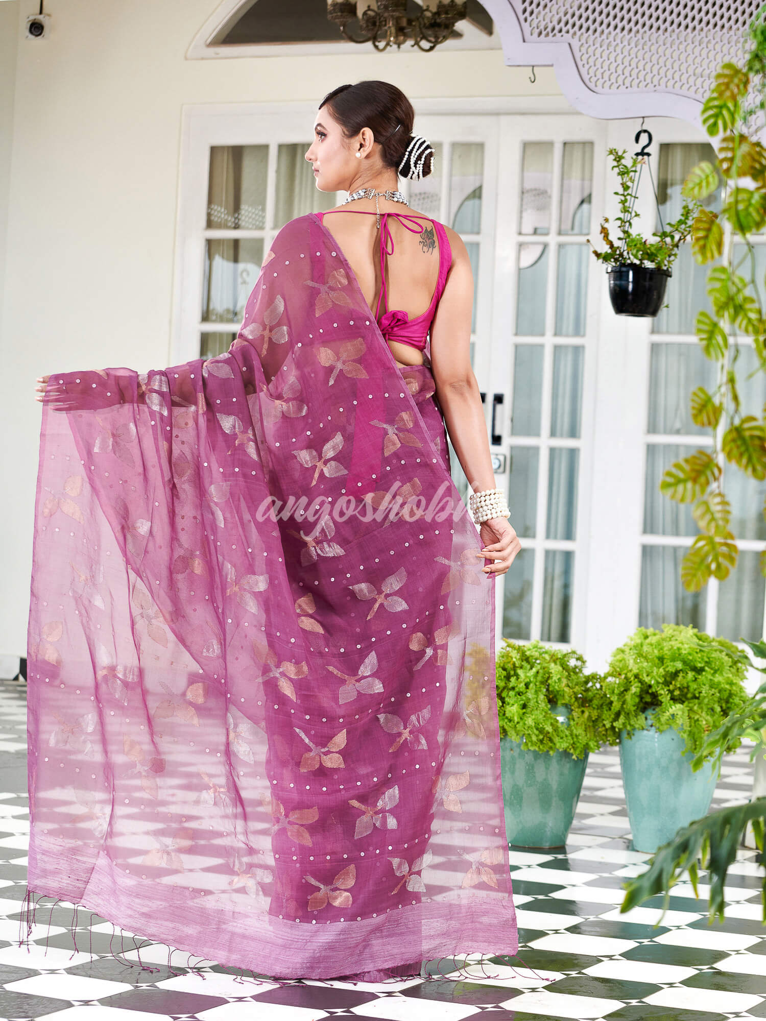 Traditional Lavender Matka Silk Sequin Soft Jamdani Saree