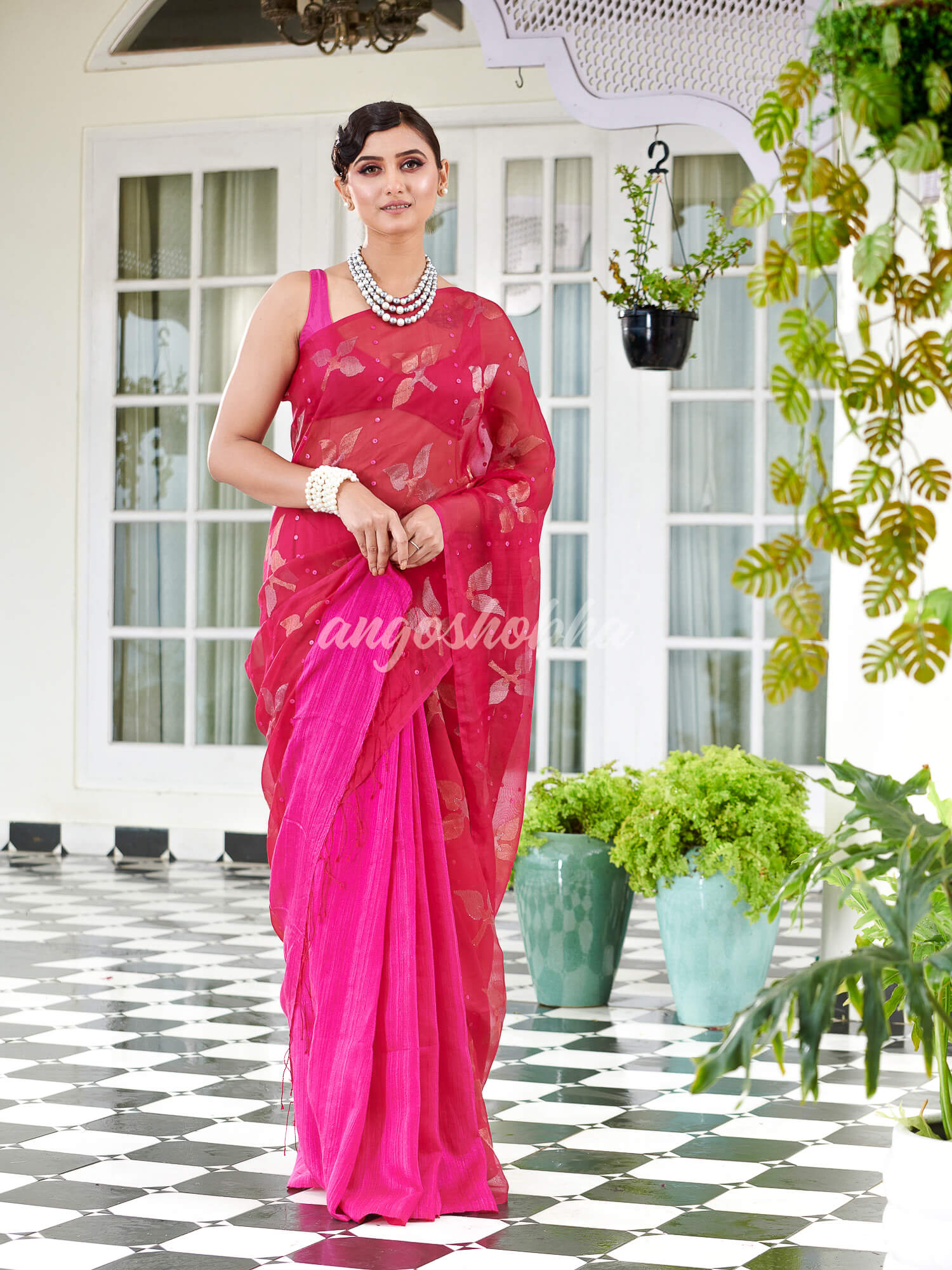 Traditional Pink Matka Silk Sequin Soft Jamdani Saree