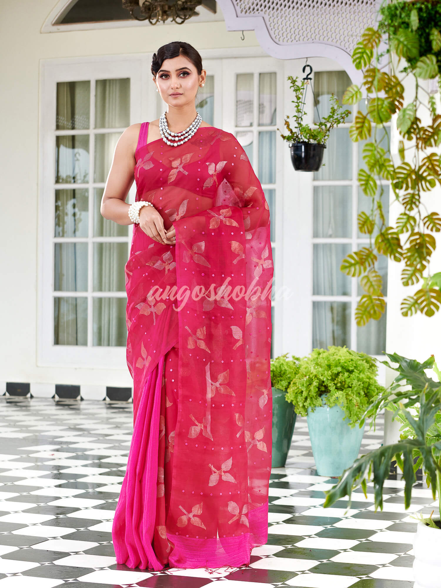 Traditional Pink Matka Silk Sequin Soft Jamdani Saree