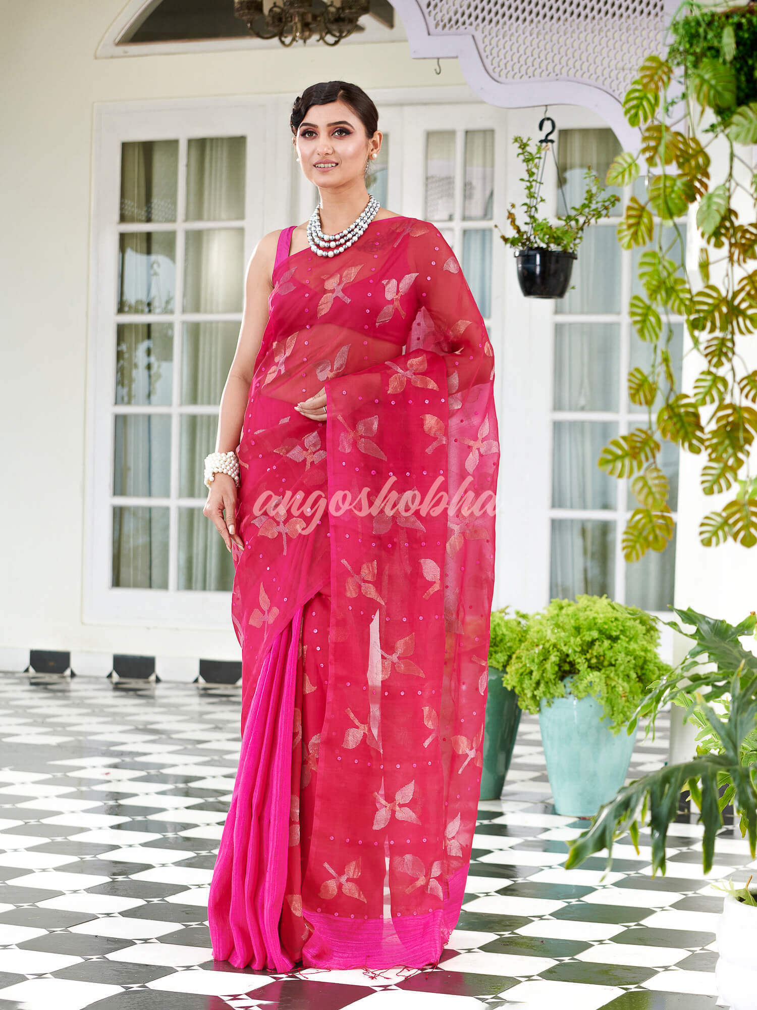 Traditional Pink Matka Silk Sequin Soft Jamdani Saree