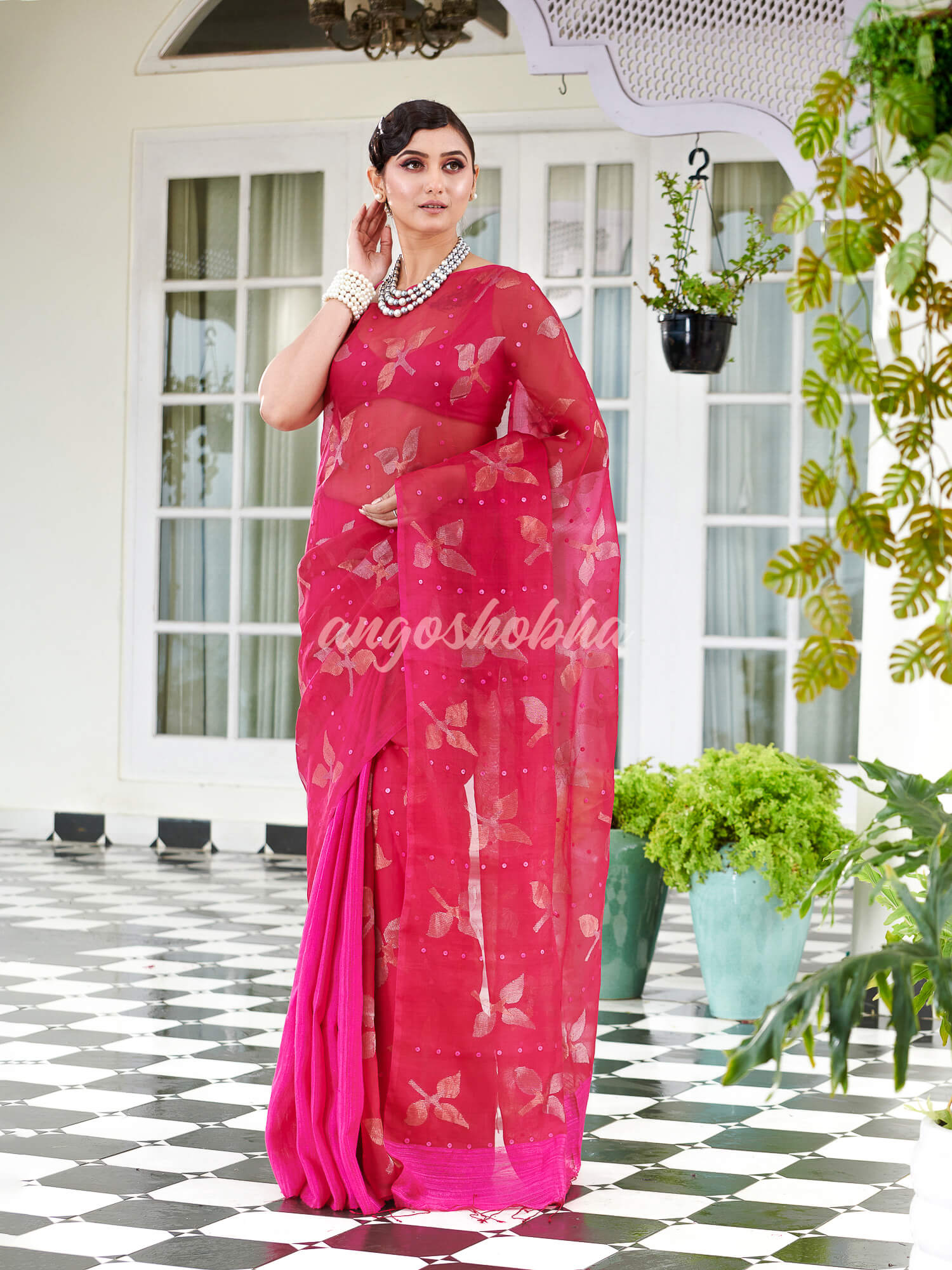 Traditional Pink Matka Silk Sequin Soft Jamdani Saree