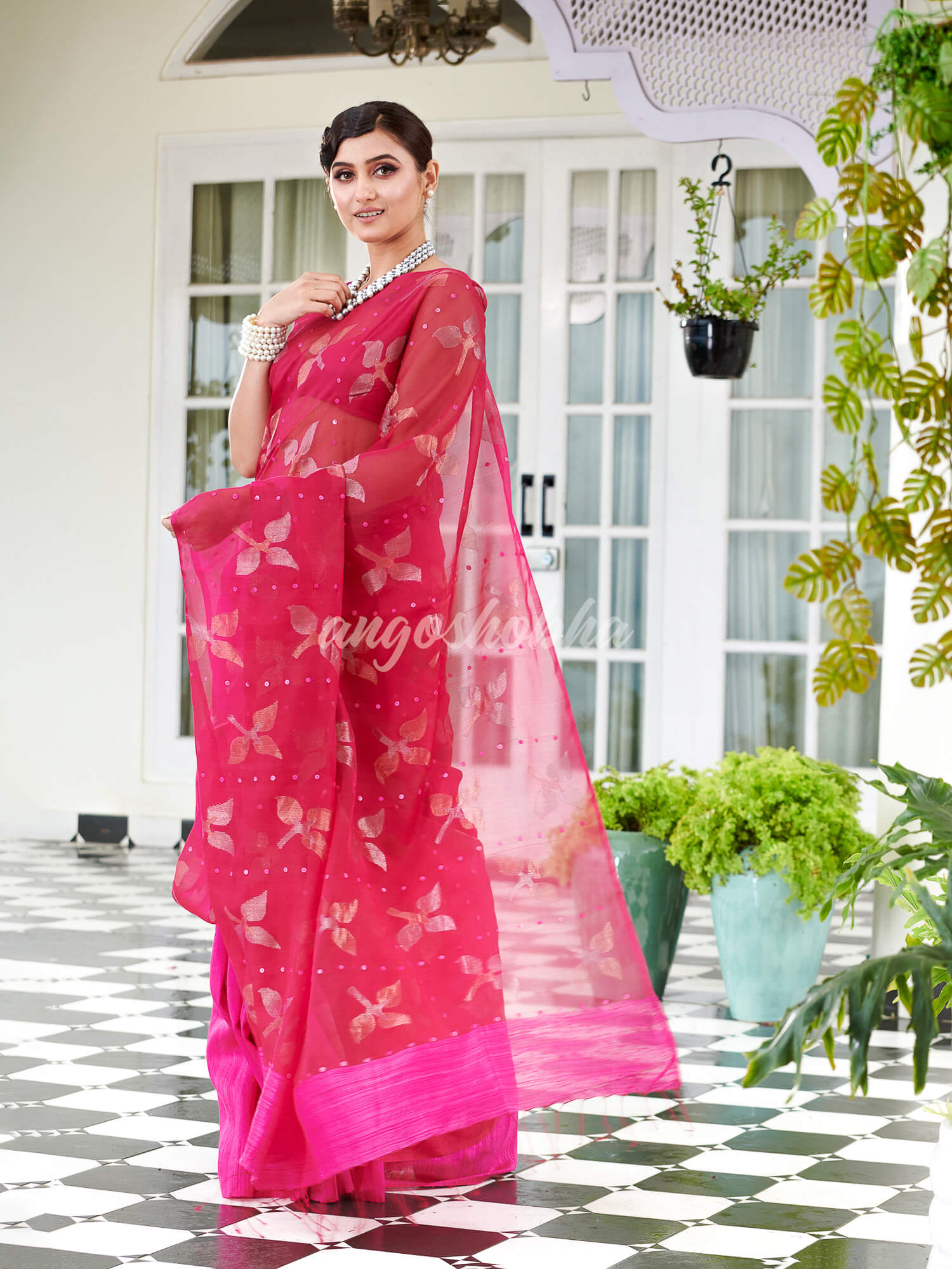Traditional Pink Matka Silk Sequin Soft Jamdani Saree