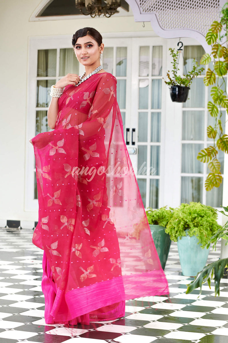 Traditional Pink Matka Silk Sequin Soft Jamdani Saree