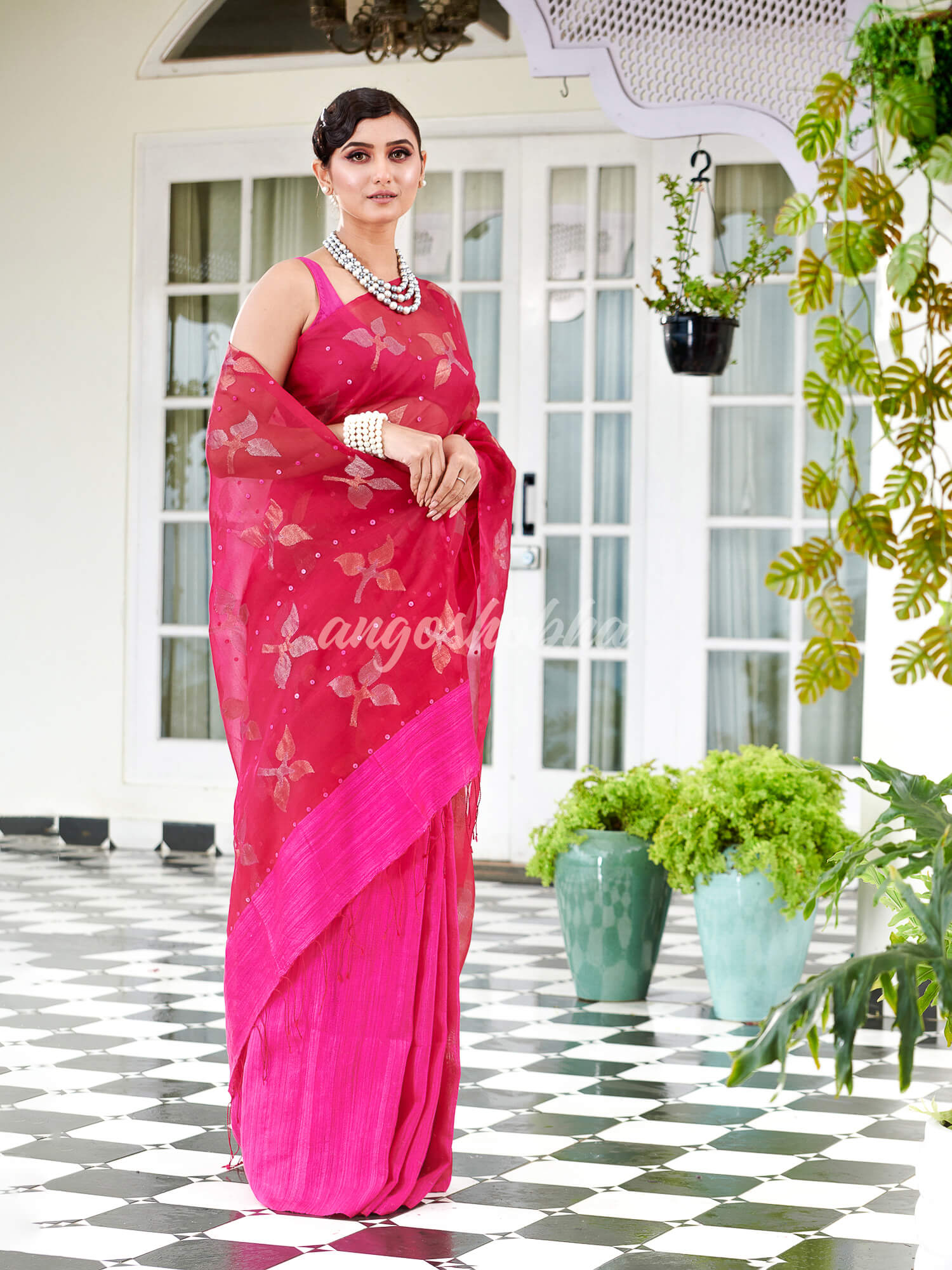 Traditional Pink Matka Silk Sequin Soft Jamdani Saree