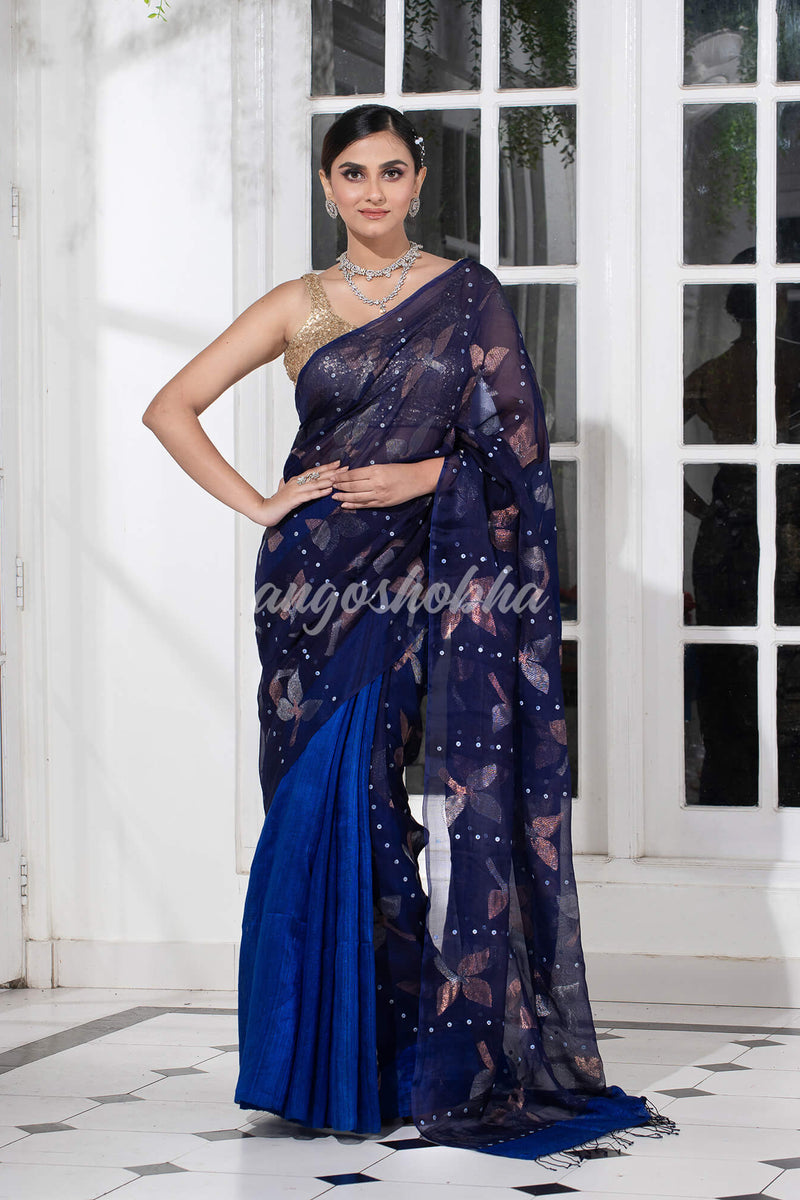 Traditional Navy Blue Matka Silk Sequin Soft Jamdani Saree