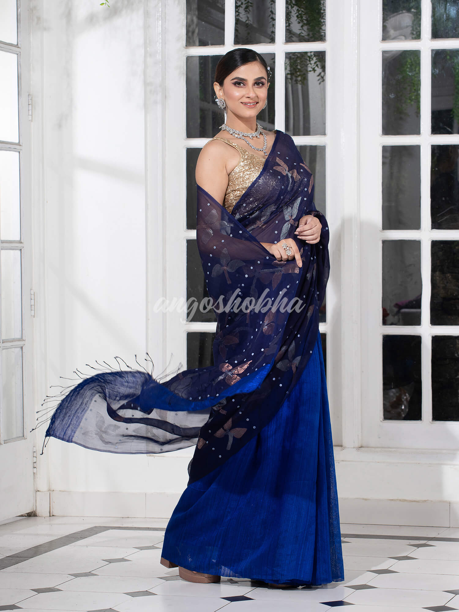 Traditional Navy Blue Matka Silk Sequin Soft Jamdani Saree