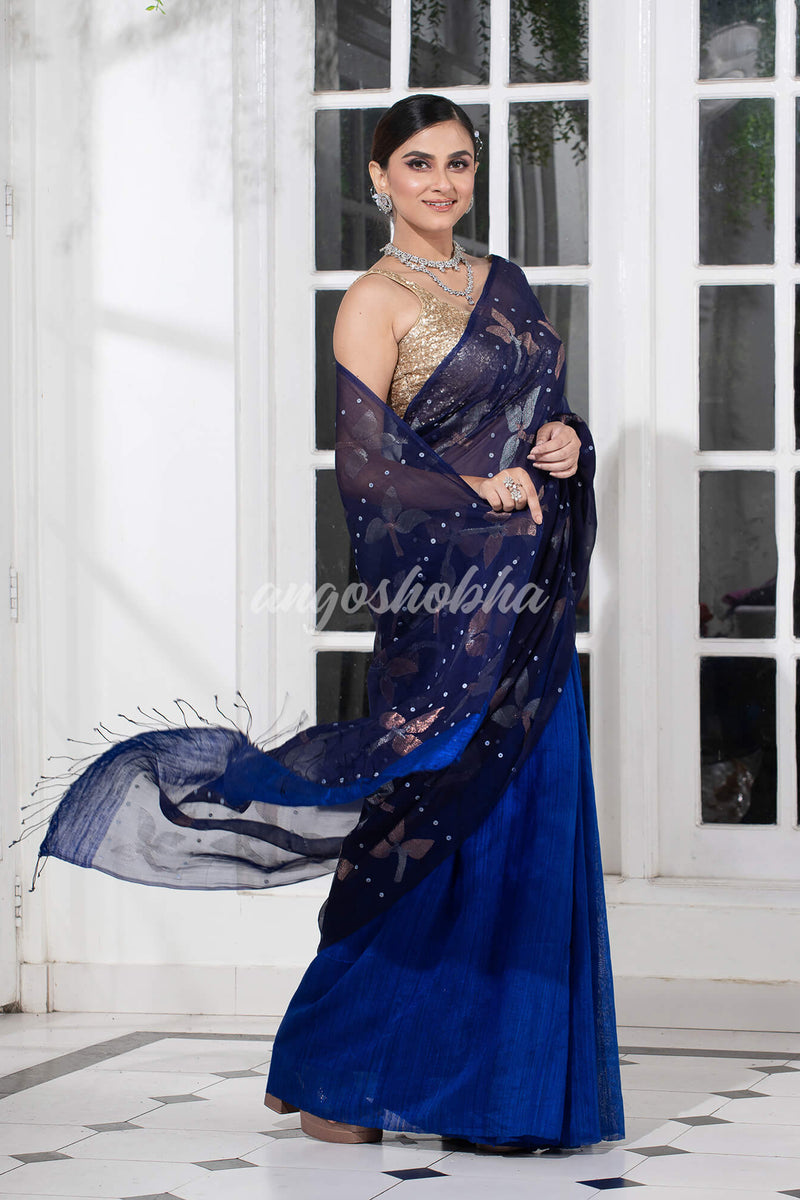 Traditional Navy Blue Matka Silk Sequin Soft Jamdani Saree