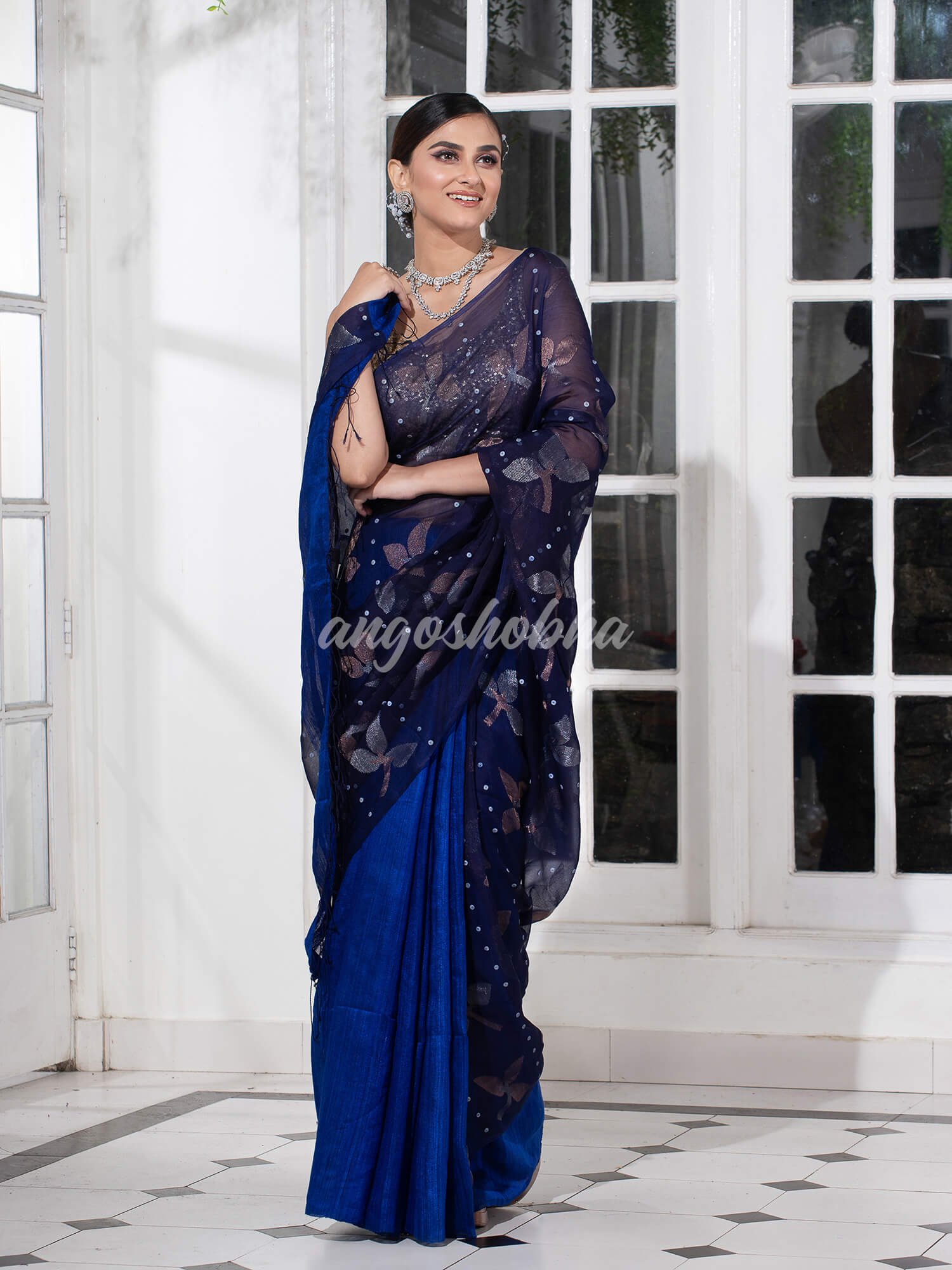 Traditional Navy Blue Matka Silk Sequin Soft Jamdani Saree