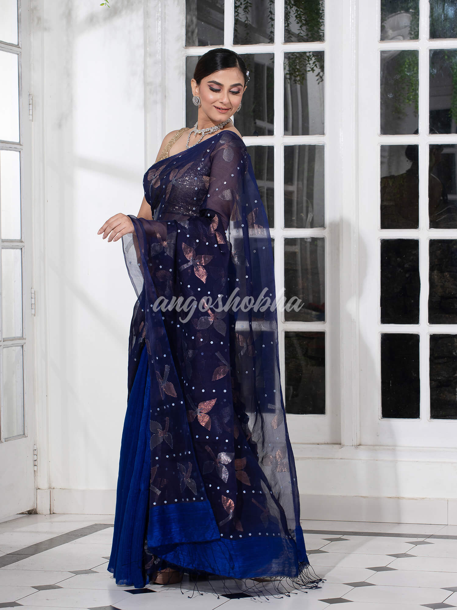 Traditional Navy Blue Matka Silk Sequin Soft Jamdani Saree