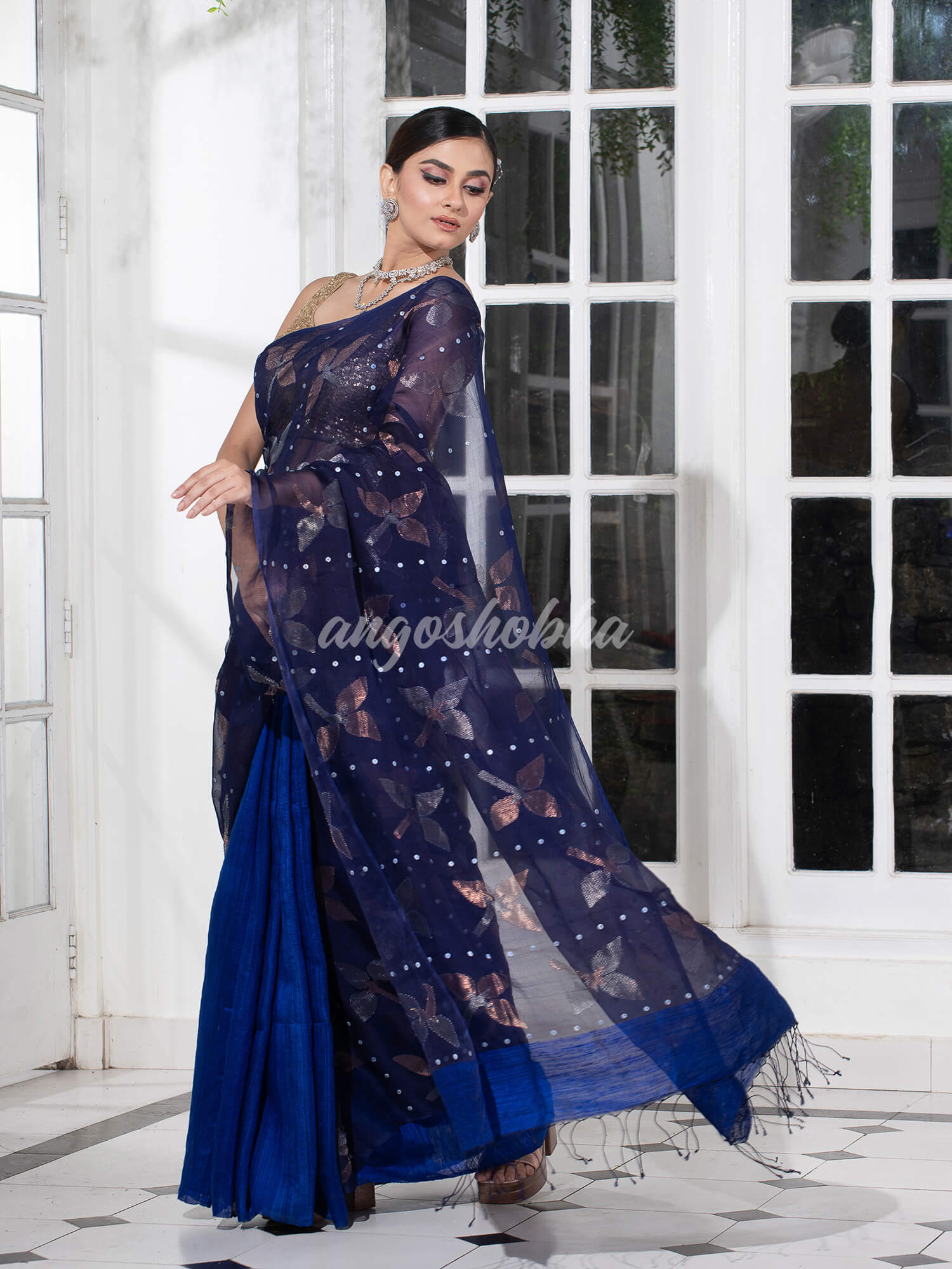 Traditional Navy Blue Matka Silk Sequin Soft Jamdani Saree