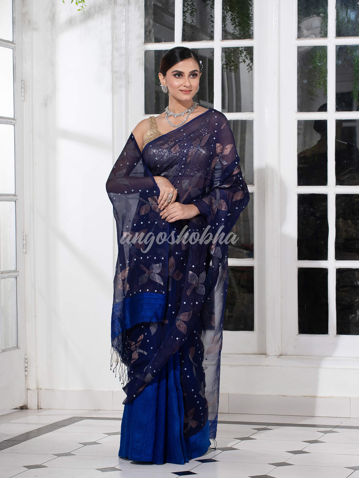 Traditional Navy Blue Matka Silk Sequin Soft Jamdani Saree